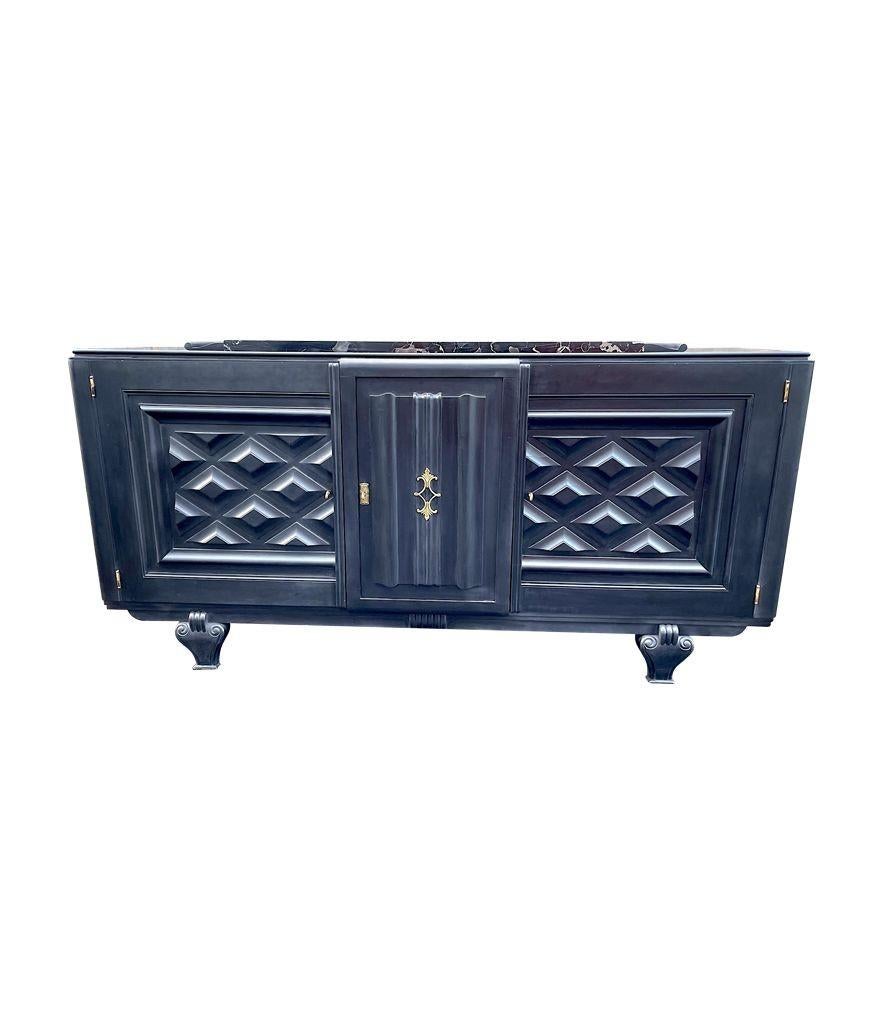 Stunning French 1940s Ebonized Oak Sideboard with Detailed Relief Doors For Sale 8