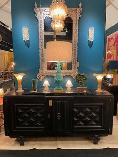 Stunning French 1940s Ebonized Oak Sideboard with Detailed Relief Doors