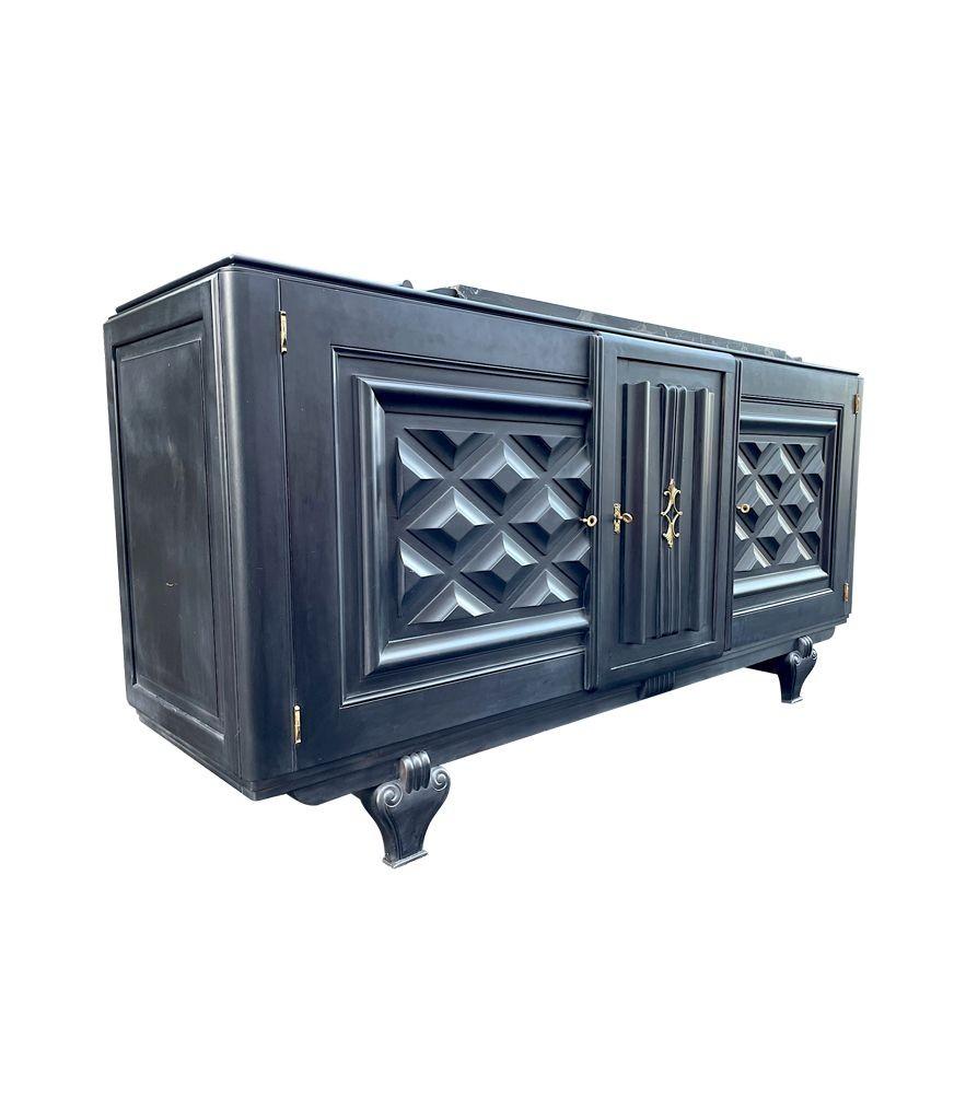 Art Deco Stunning French 1940s Ebonized Oak Sideboard with Detailed Relief Doors For Sale