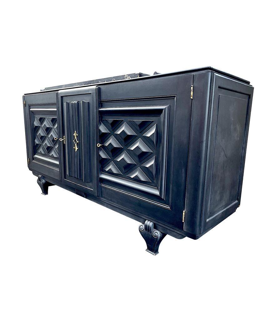 Mid-20th Century Stunning French 1940s Ebonized Oak Sideboard with Detailed Relief Doors For Sale