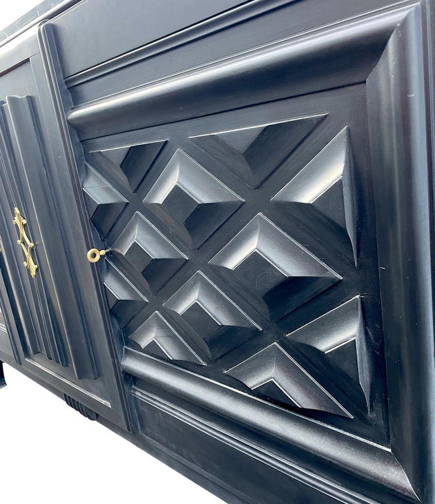 Brass Stunning French 1940s Ebonized Oak Sideboard with Detailed Relief Doors For Sale