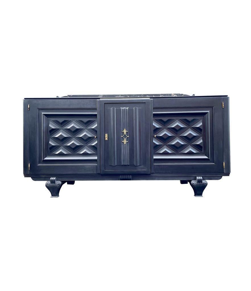 Stunning French 1940s Ebonized Oak Sideboard with Detailed Relief Doors For Sale 2