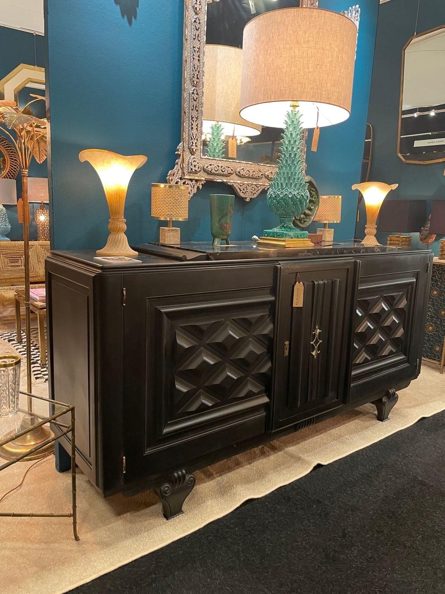Stunning French 1940s Ebonized Oak Sideboard with Detailed Relief Doors 3
