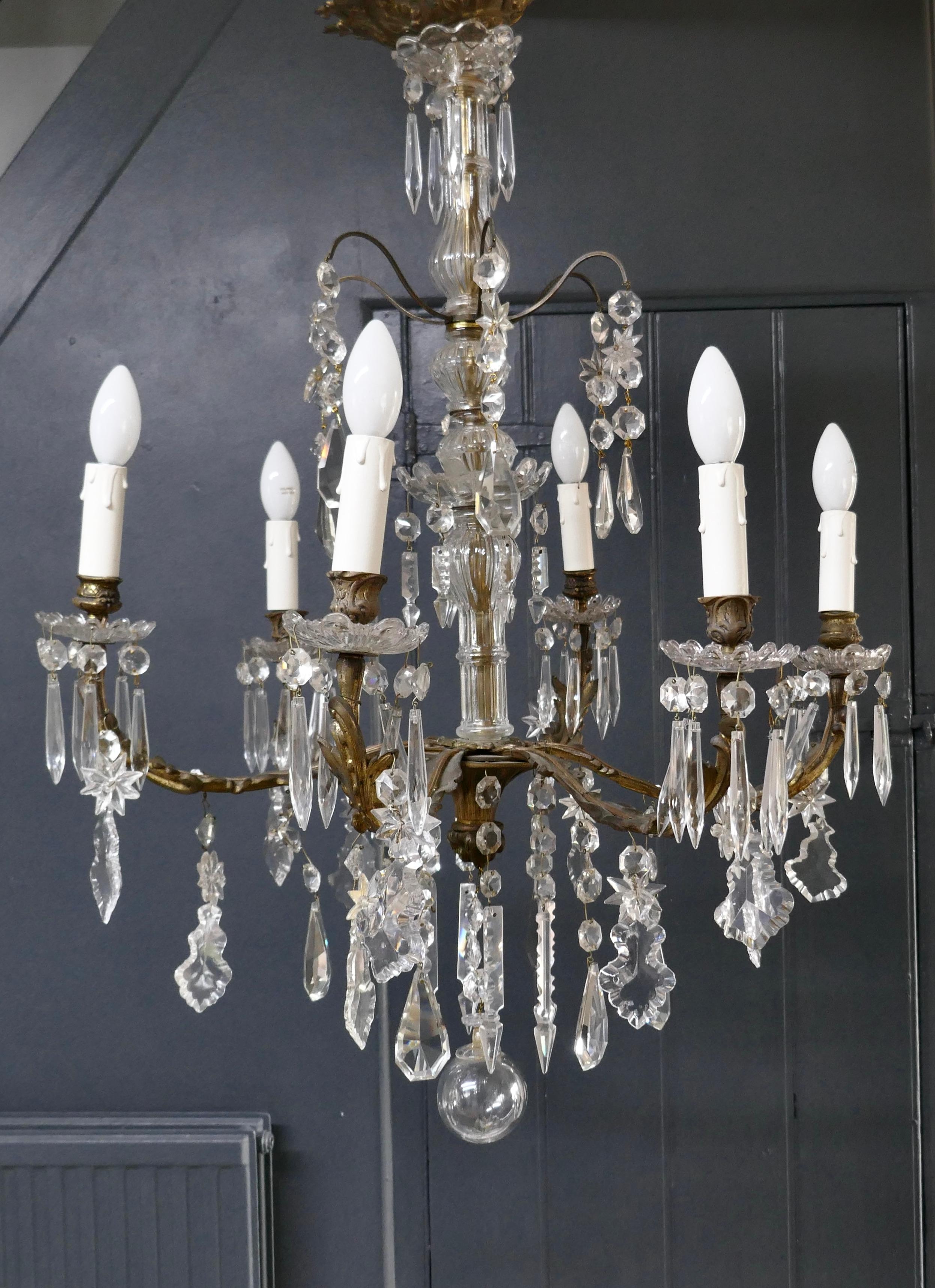 French Provincial Stunning French Cristal 6 Branch Brass Chandelier For Sale