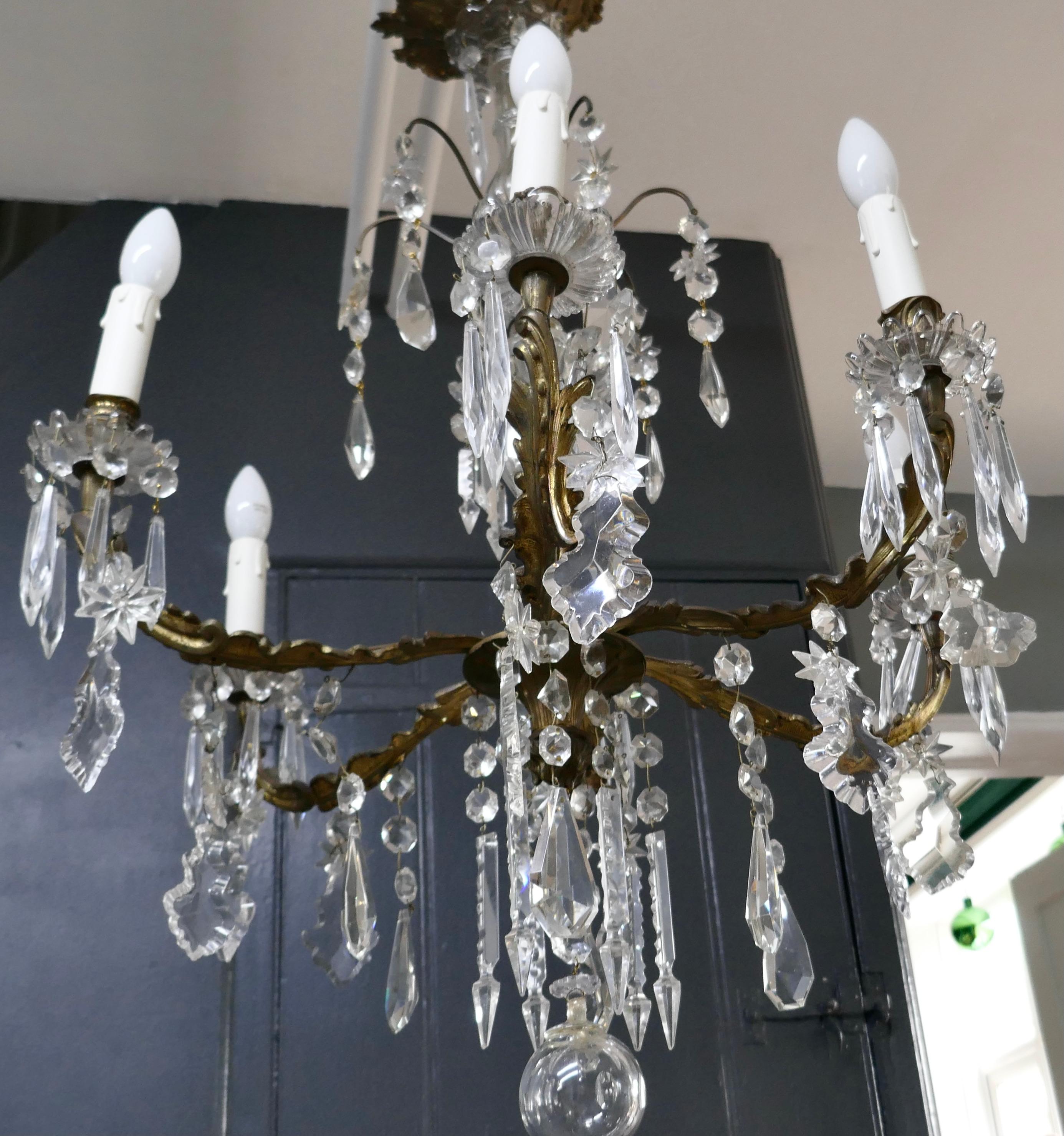 Stunning French Cristal 6 Branch Brass Chandelier In Good Condition For Sale In Chillerton, Isle of Wight