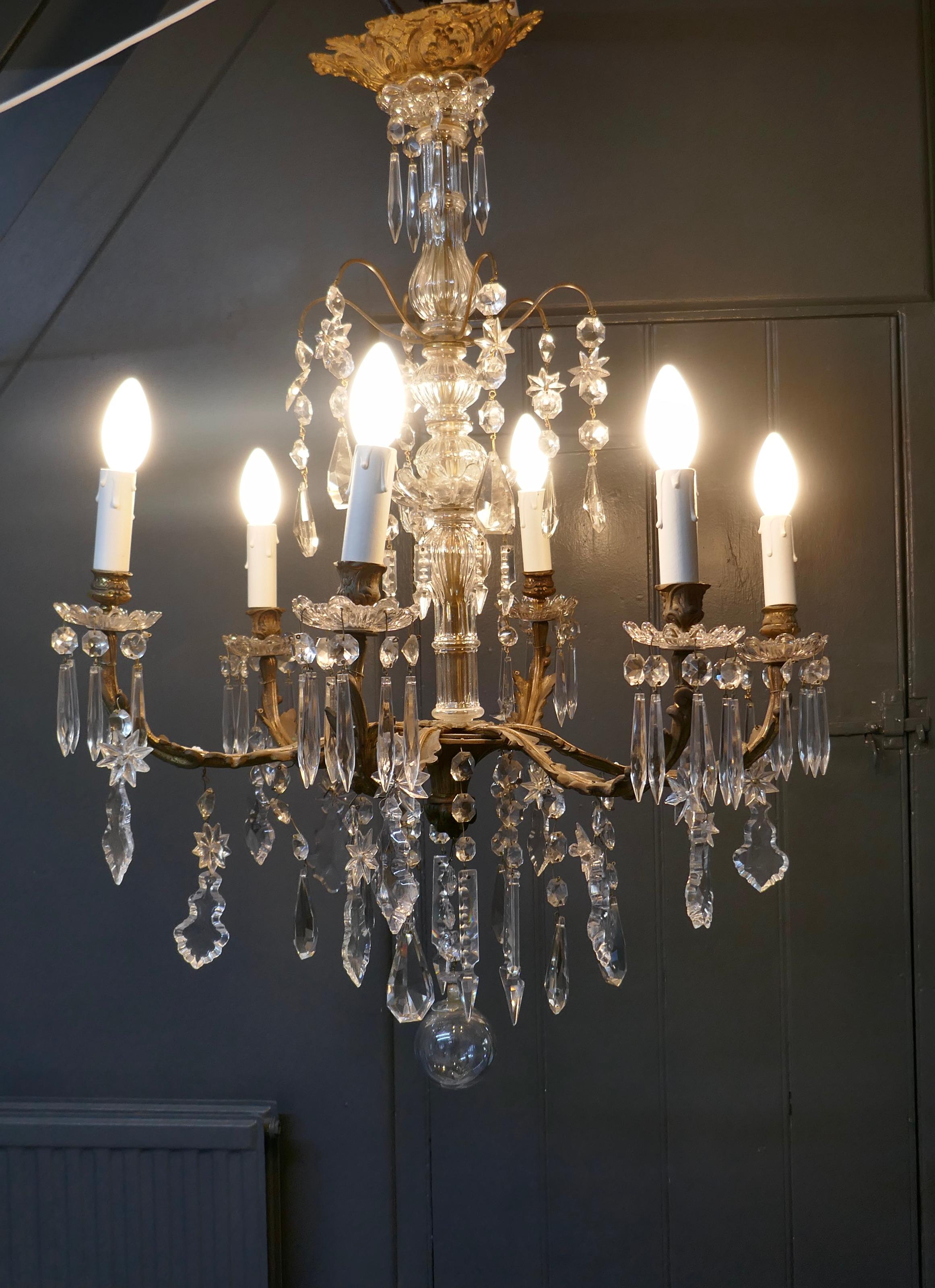 20th Century Stunning French Cristal 6 Branch Brass Chandelier For Sale