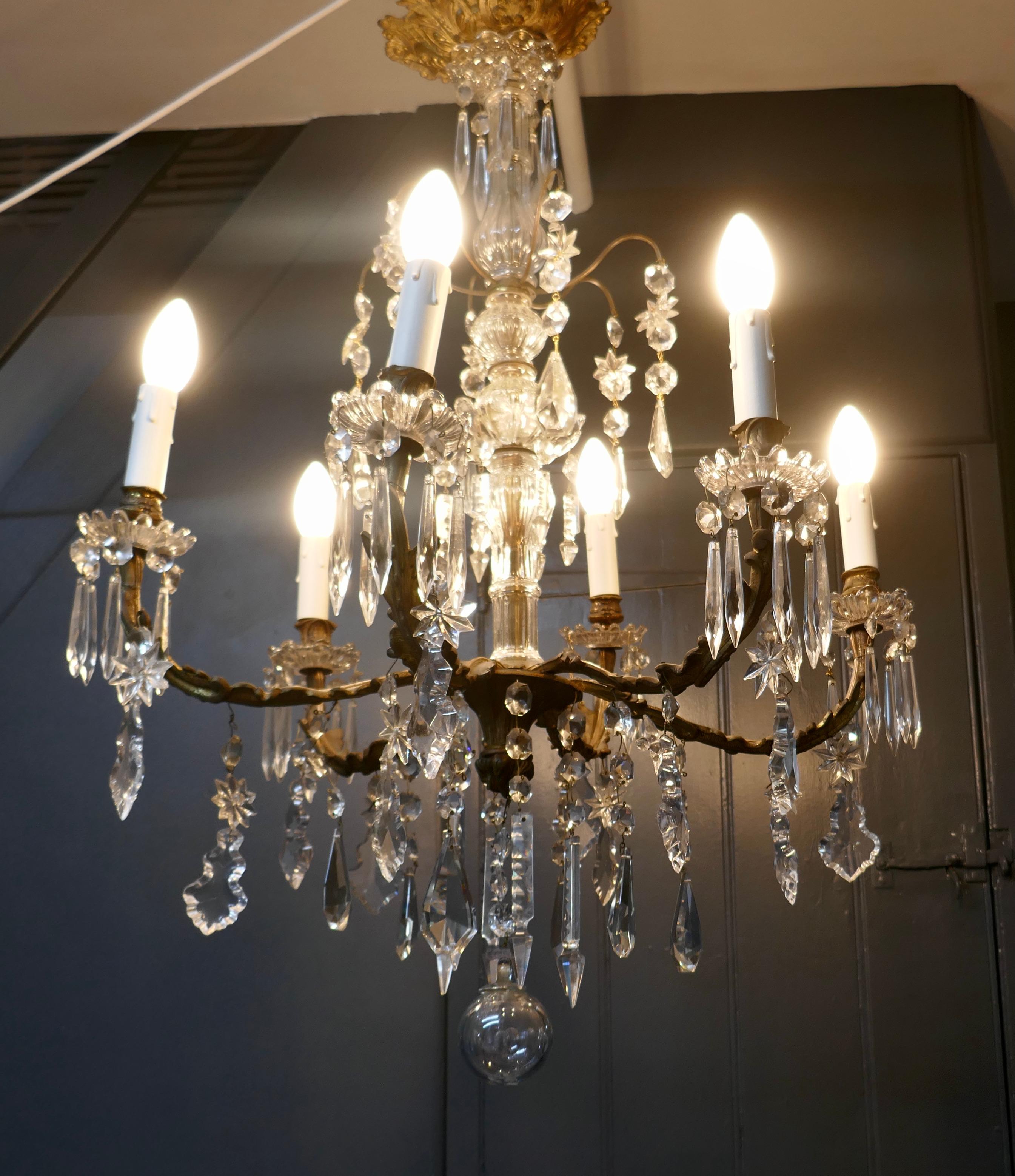 Crystal Stunning French Cristal 6 Branch Brass Chandelier For Sale