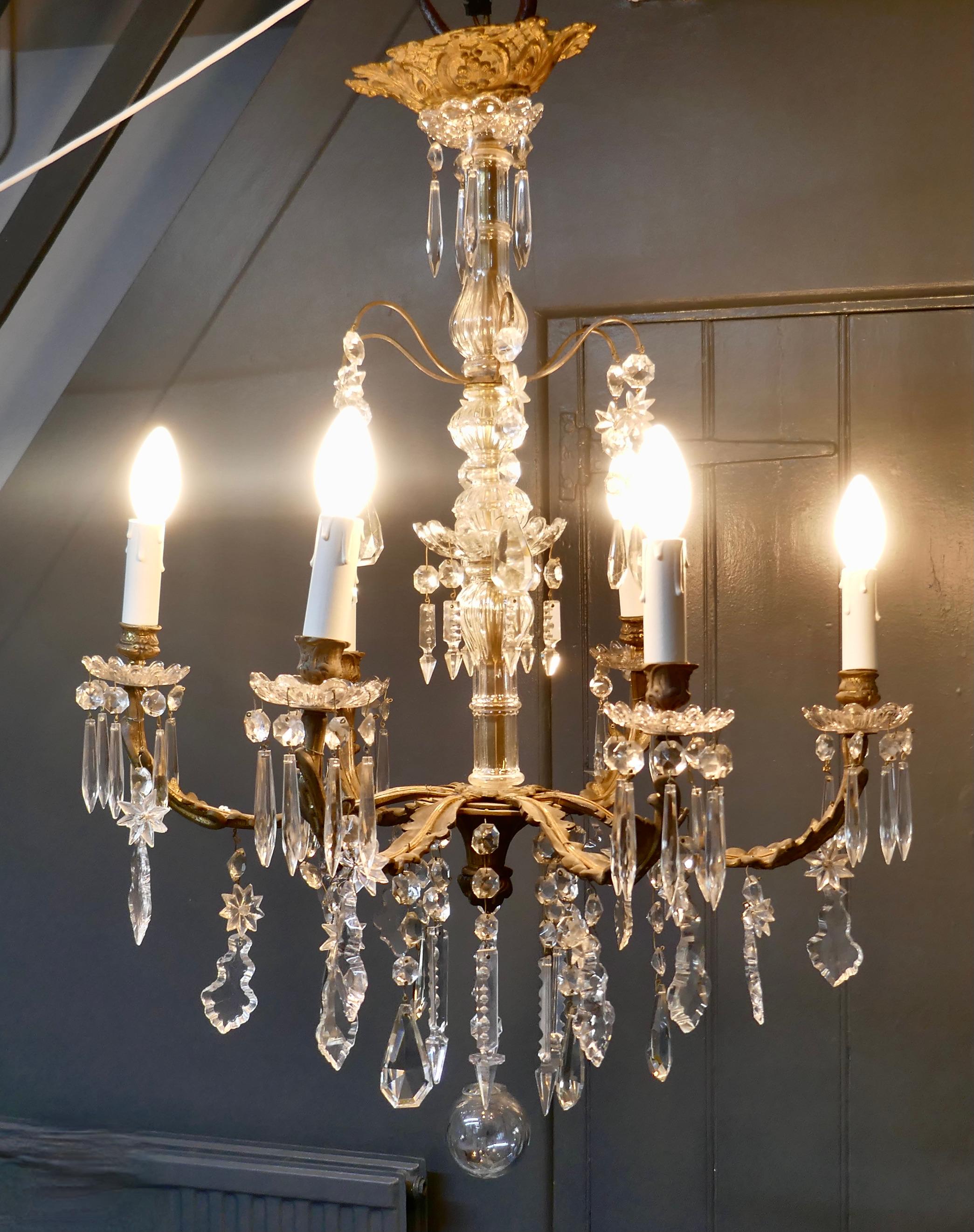 Stunning French Cristal 6 Branch Brass Chandelier For Sale 1