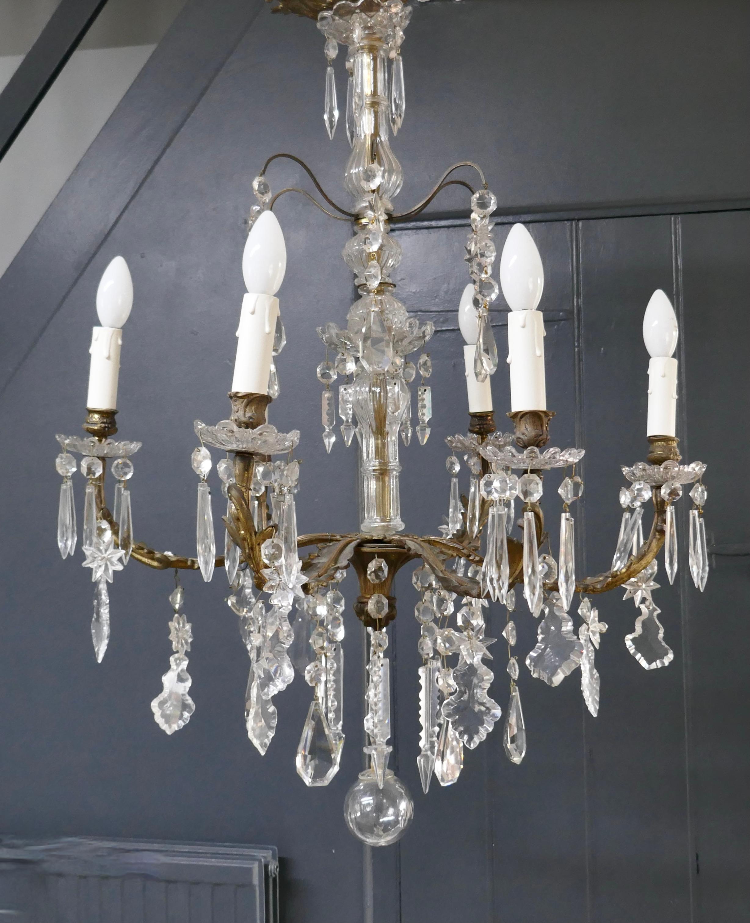 Stunning French Cristal 6 Branch Brass Chandelier For Sale 2