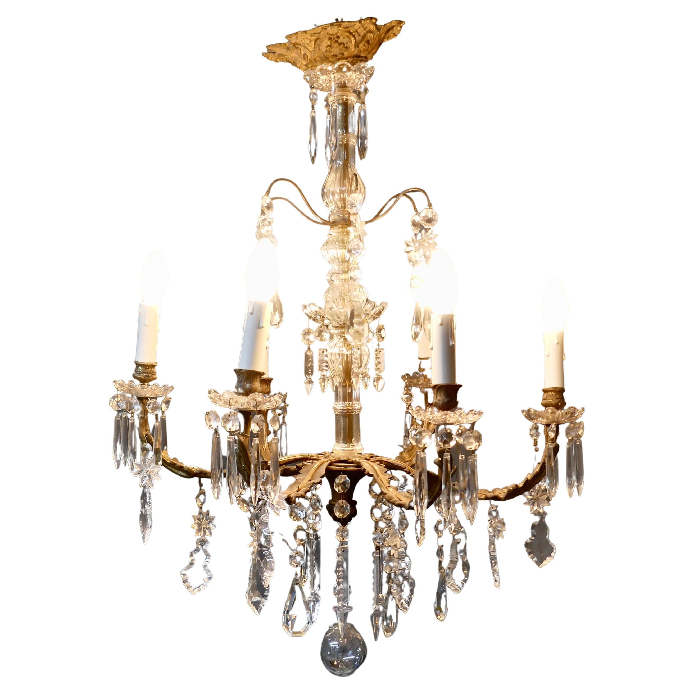 Stunning French Cristal 6 Branch Brass Chandelier For Sale