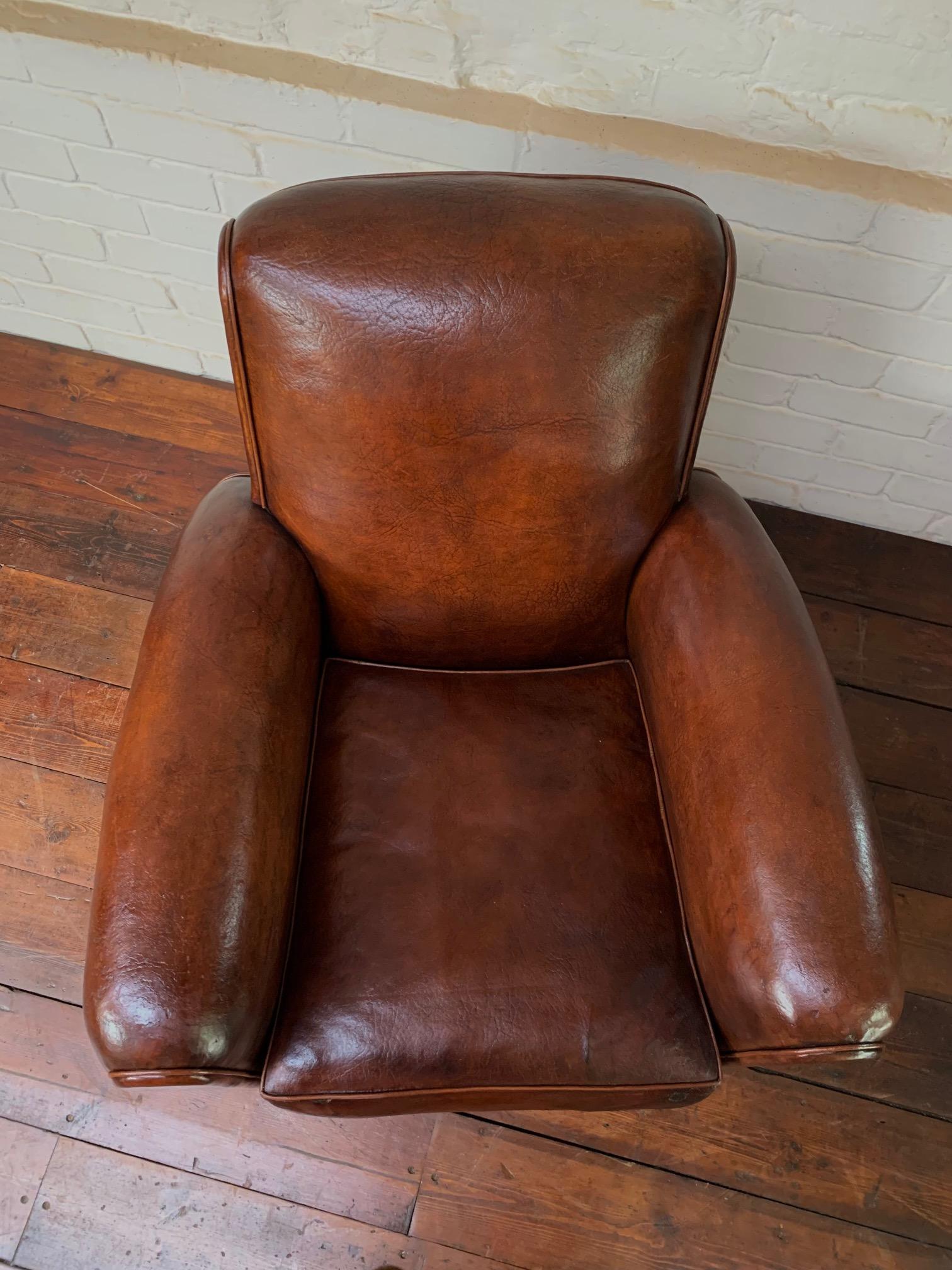 A Stunning French, Leather Club Chair, Havana Lounge Model Circa 1930's 6