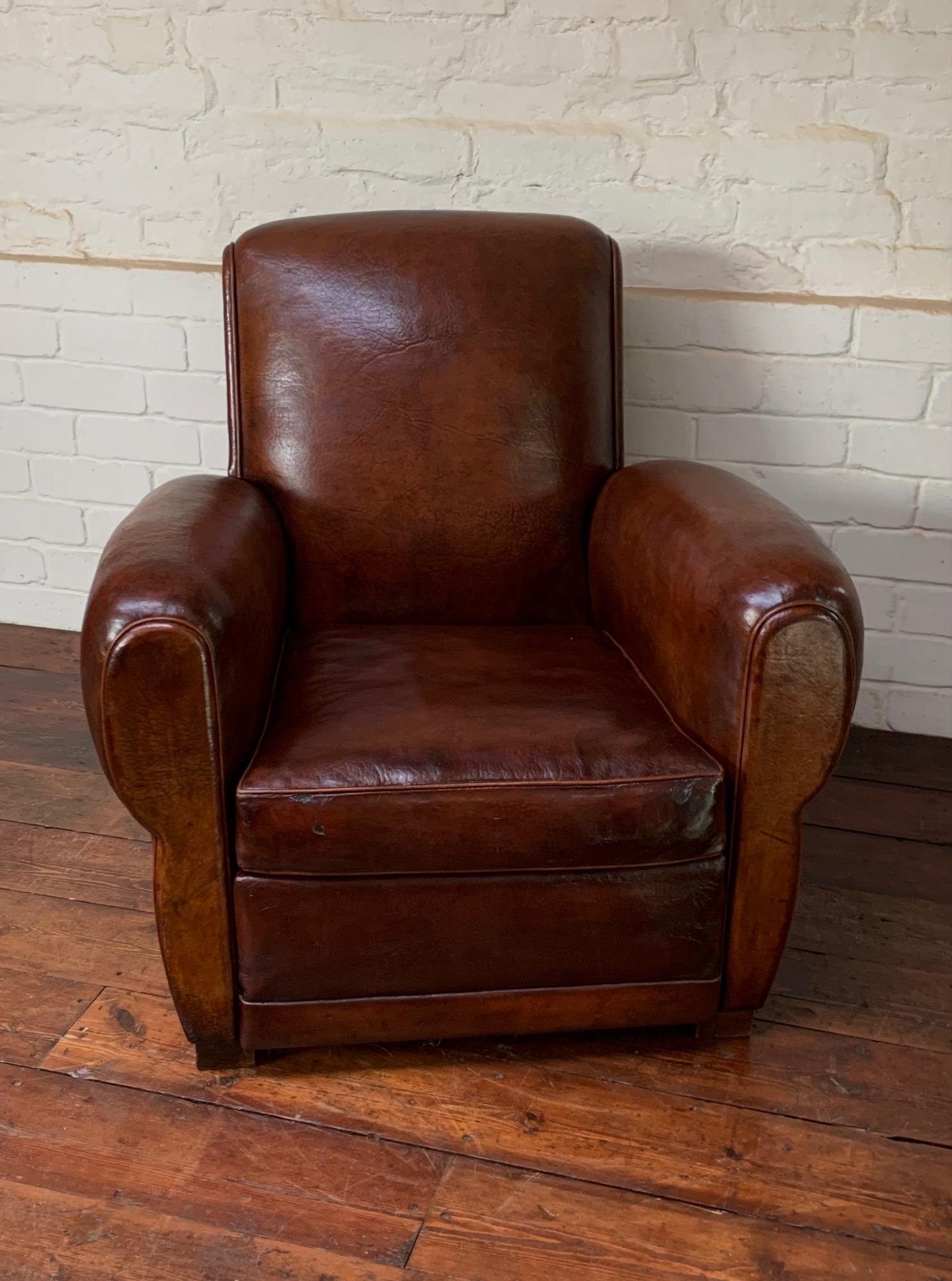 Mid-20th Century A Stunning French, Leather Club Chair, Havana Lounge Model Circa 1930's
