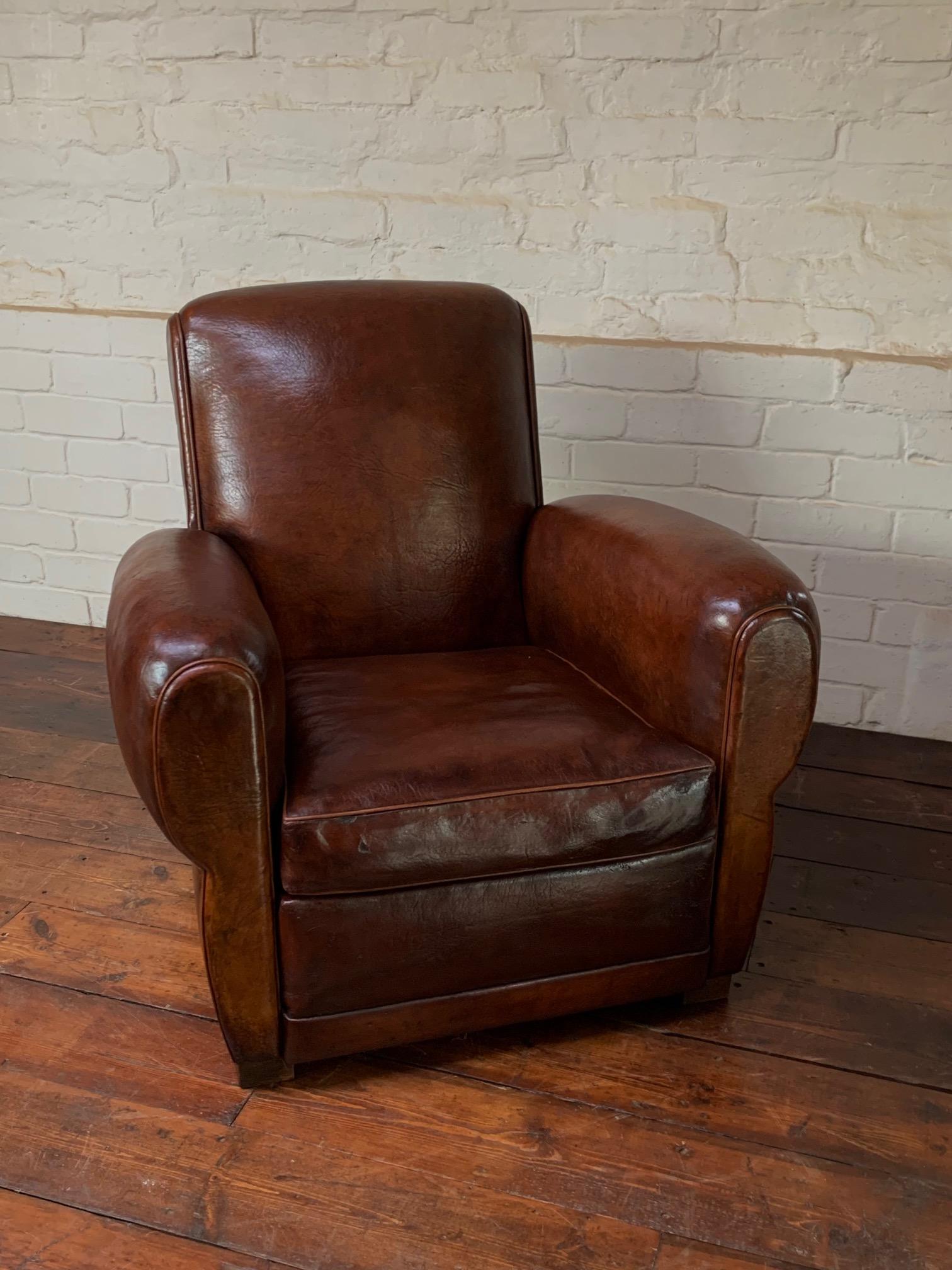 A Stunning French, Leather Club Chair, Havana Lounge Model Circa 1930's 1
