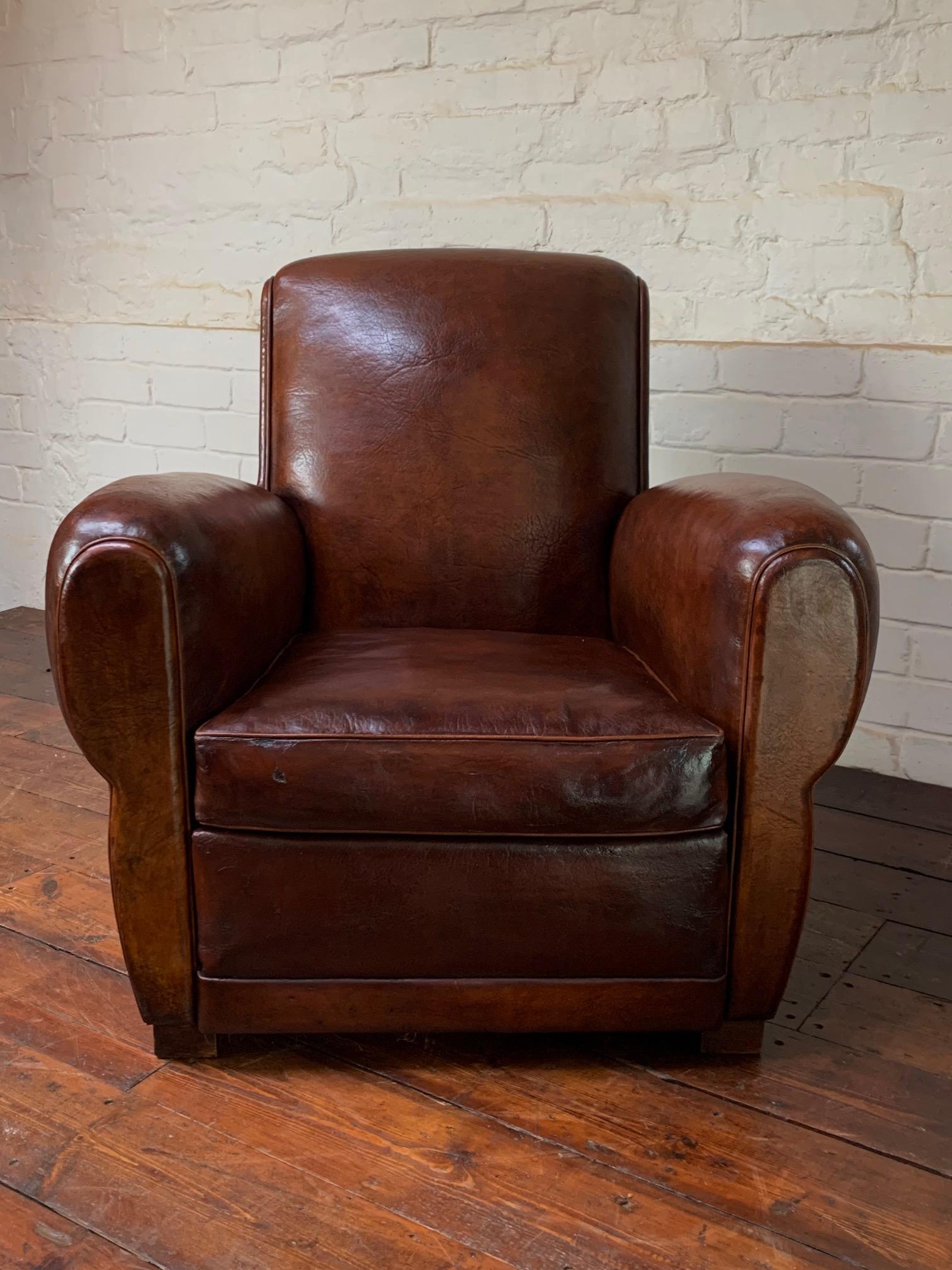 A Stunning French, Leather Club Chair, Havana Lounge Model Circa 1930's 2