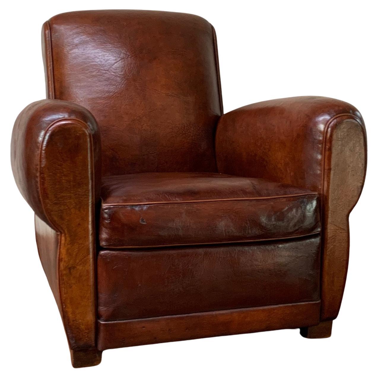 A Stunning French, Leather Club Chair, Havana Lounge Model Circa 1930's