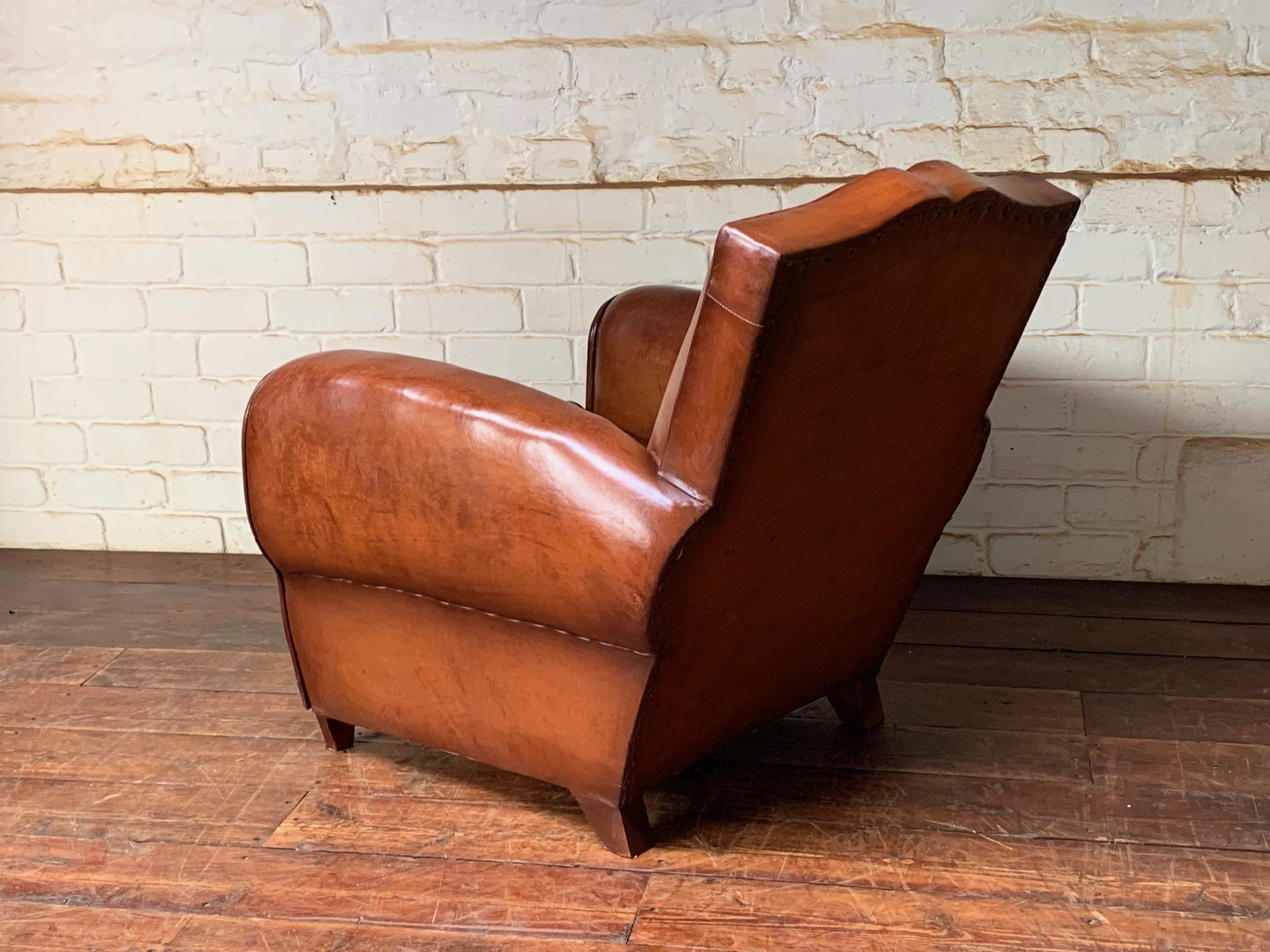 A Stunning French Leather Club Chair, Havana Moustache Model, circa 1950’s For Sale 5