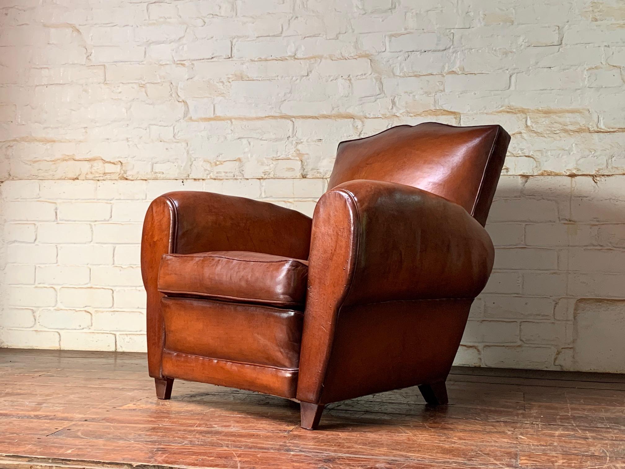 A Stunning French Leather Club Chair, Havana Moustache Model, circa 1950’s For Sale 7