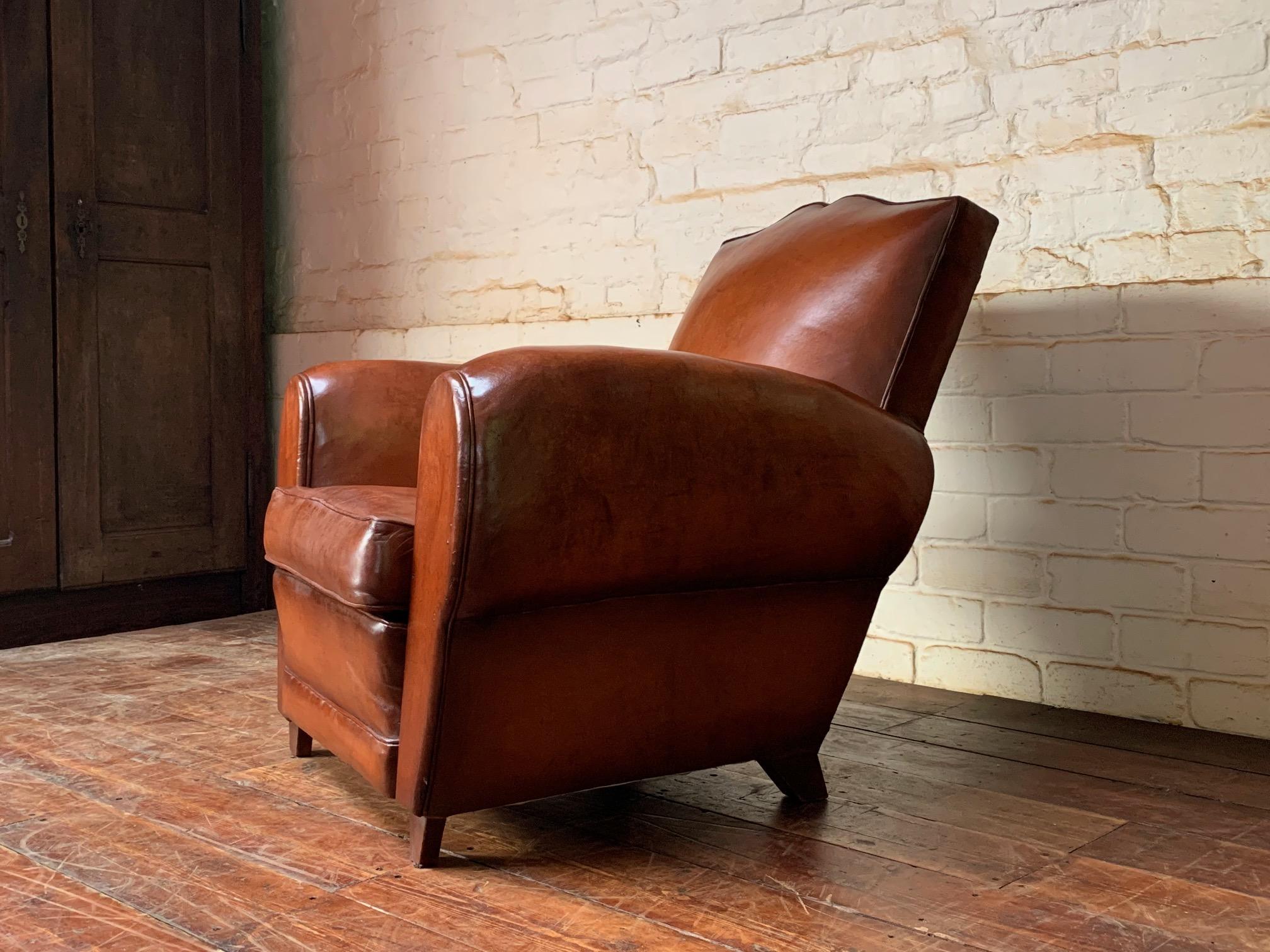 Mid-Century Modern A Stunning French Leather Club Chair, Havana Moustache Model, circa 1950’s For Sale
