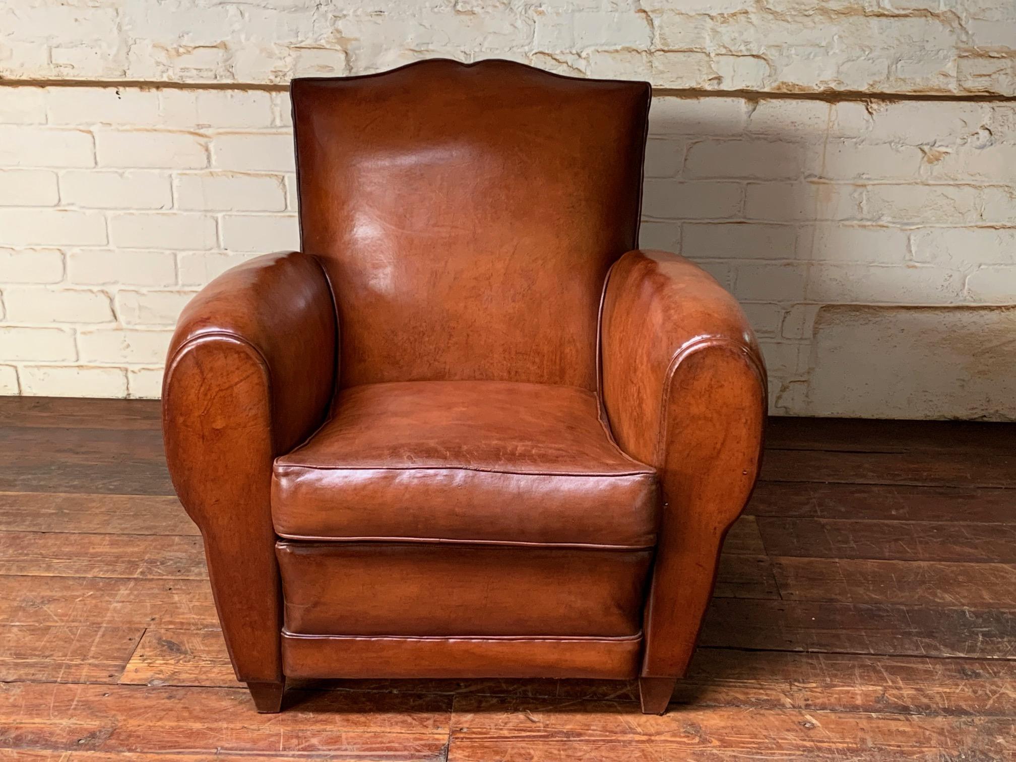 A Stunning French Leather Club Chair, Havana Moustache Model, circa 1950’s In Good Condition For Sale In Hastings, GB