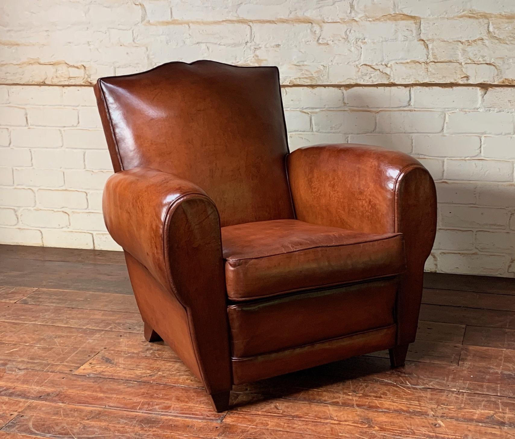 20th Century A Stunning French Leather Club Chair, Havana Moustache Model, circa 1950’s For Sale