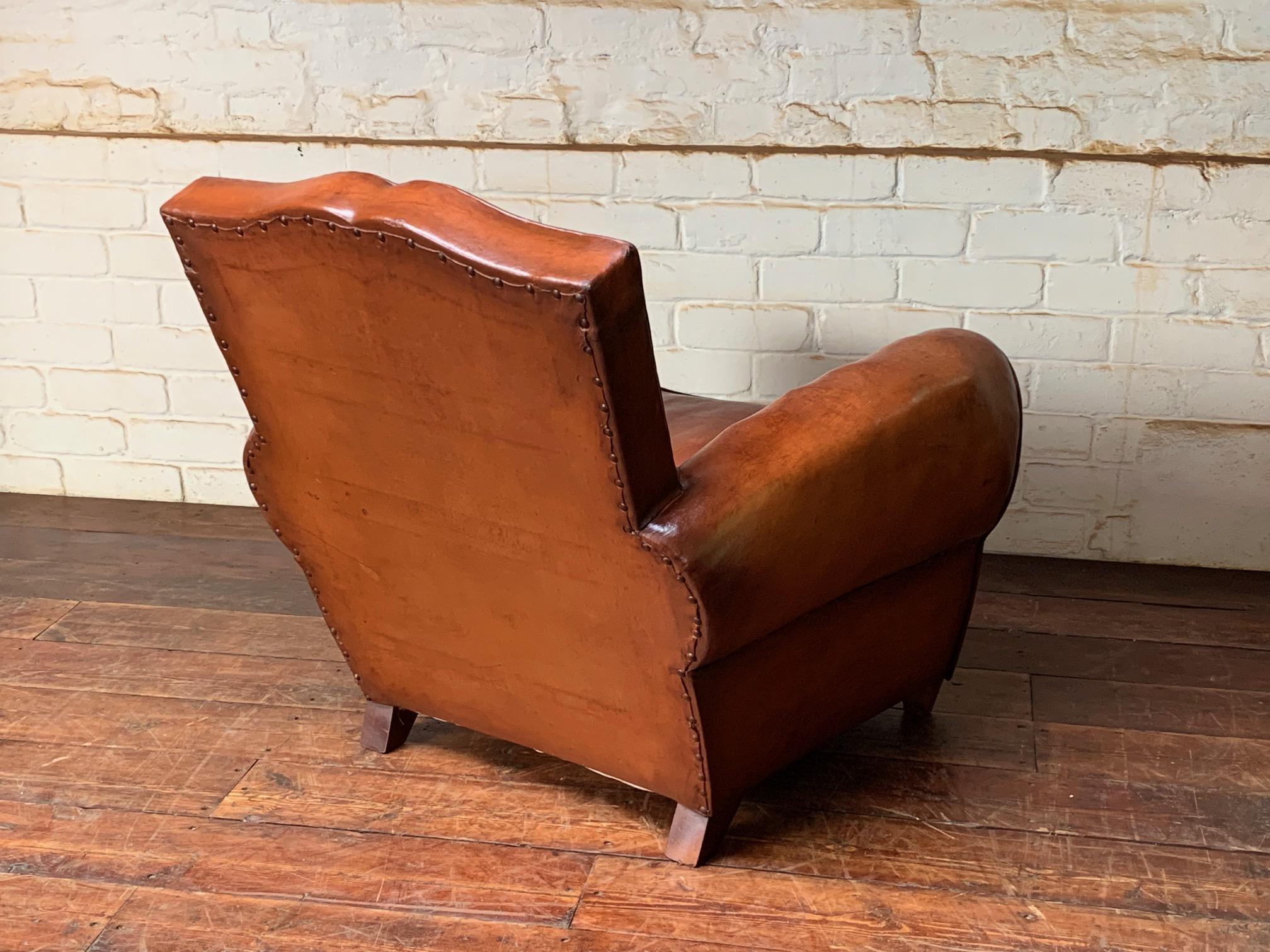 A Stunning French Leather Club Chair, Havana Moustache Model, circa 1950’s For Sale 1