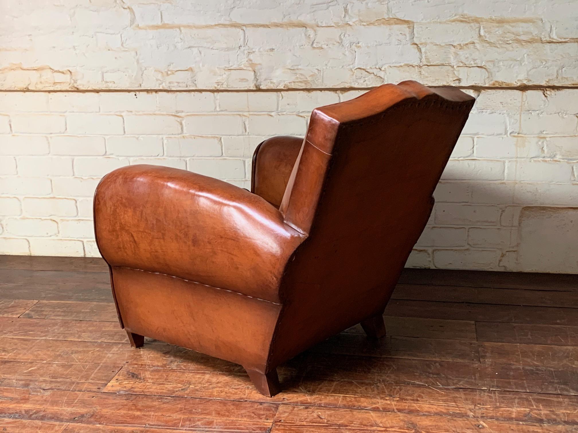 A Stunning French Leather Club Chair, Havana Moustache Model, circa 1950’s For Sale 2