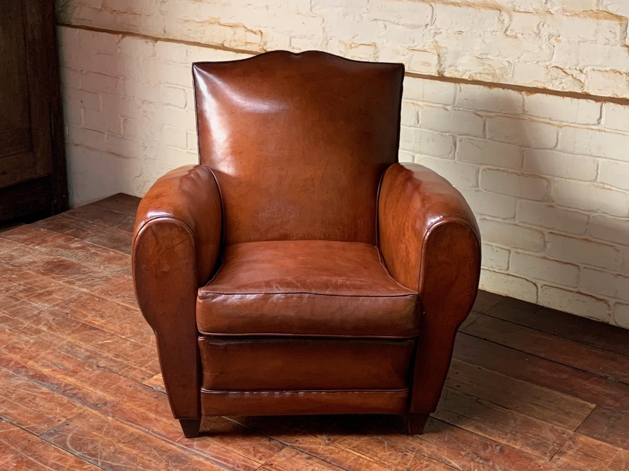 A Stunning French Leather Club Chair, Havana Moustache Model, circa 1950’s For Sale 3