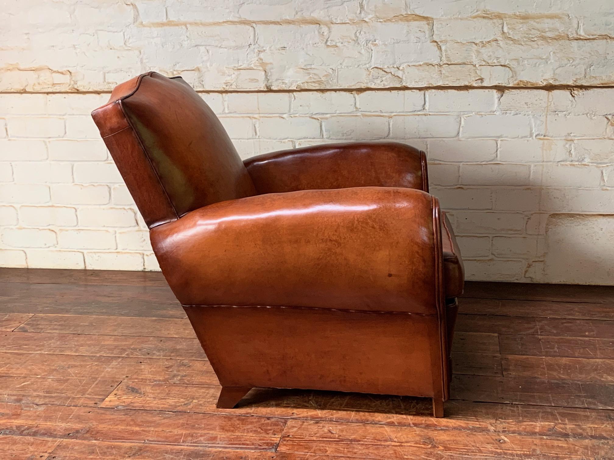 A Stunning French Leather Club Chair, Havana Moustache Model, circa 1950’s For Sale 4