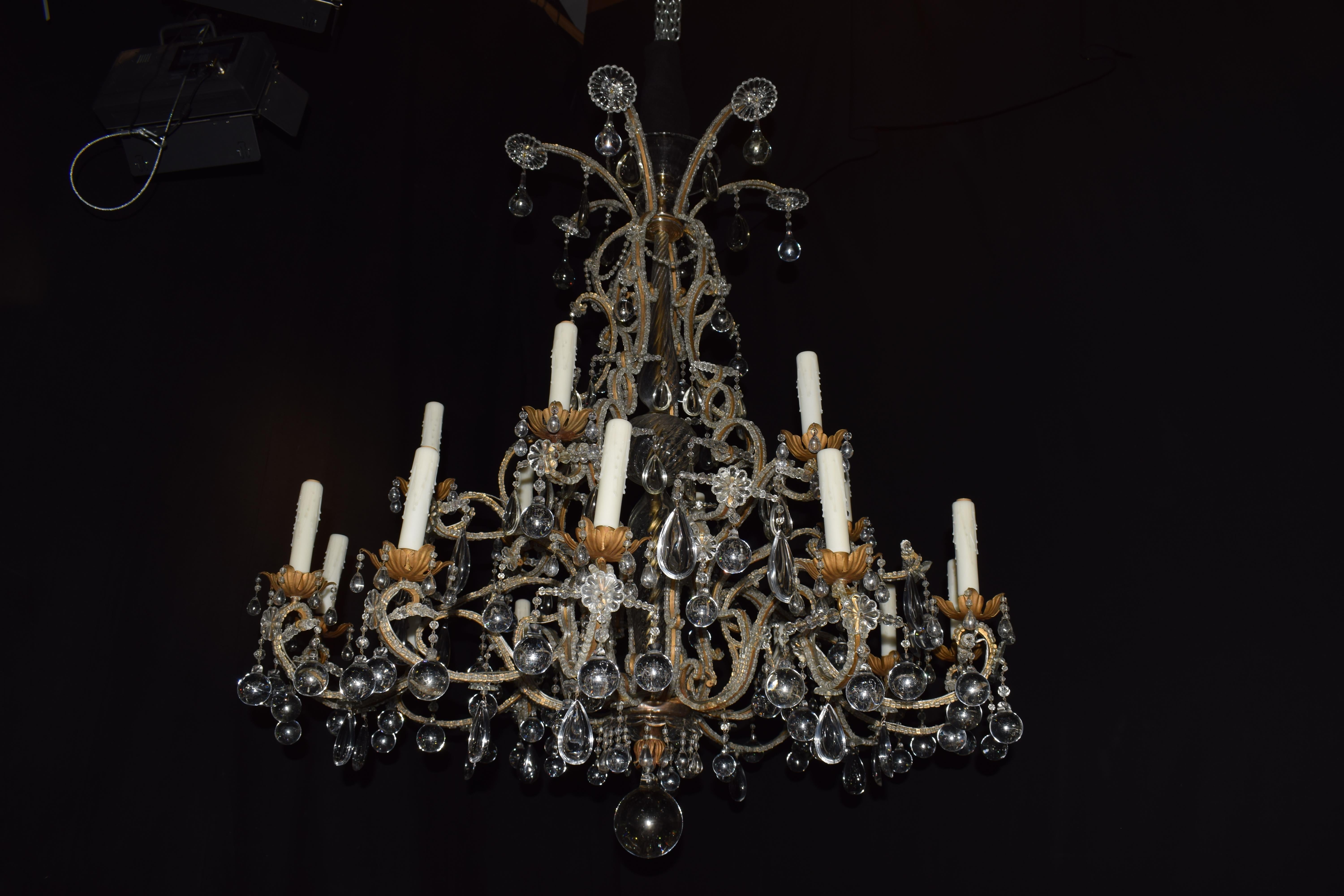 Stunning Gilt Iron, Glass and Crystal Venetian Chandelier In Good Condition In Atlanta, GA