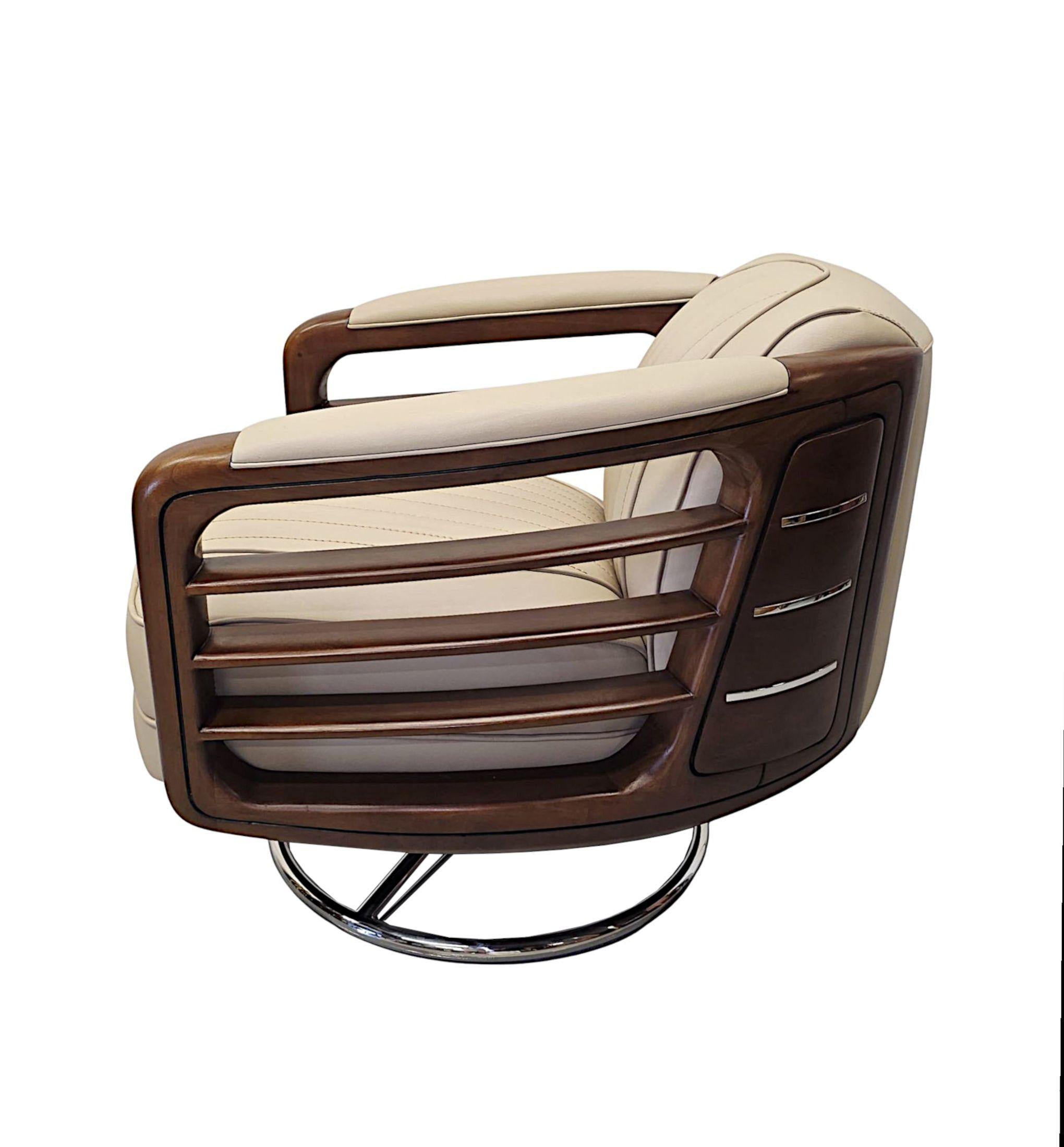 Art Deco A Stunning Handmade Leather Walnut and Chrome Revolving Armchair For Sale
