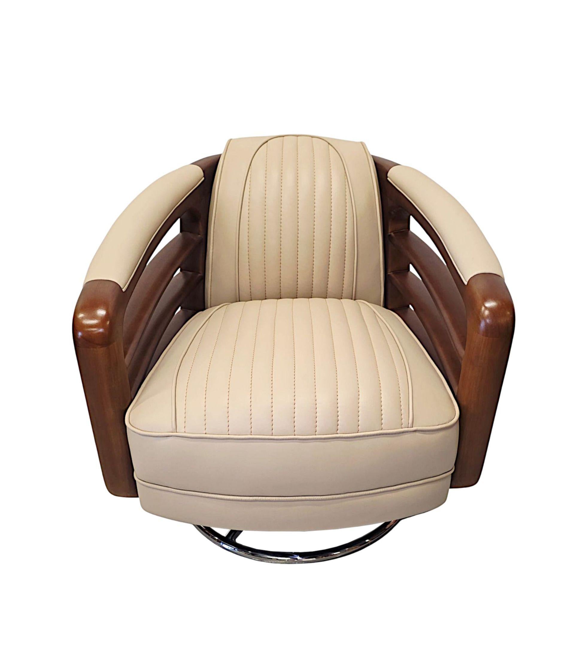 A Stunning Handmade Leather Walnut and Chrome Revolving Armchair In New Condition For Sale In Dublin, IE