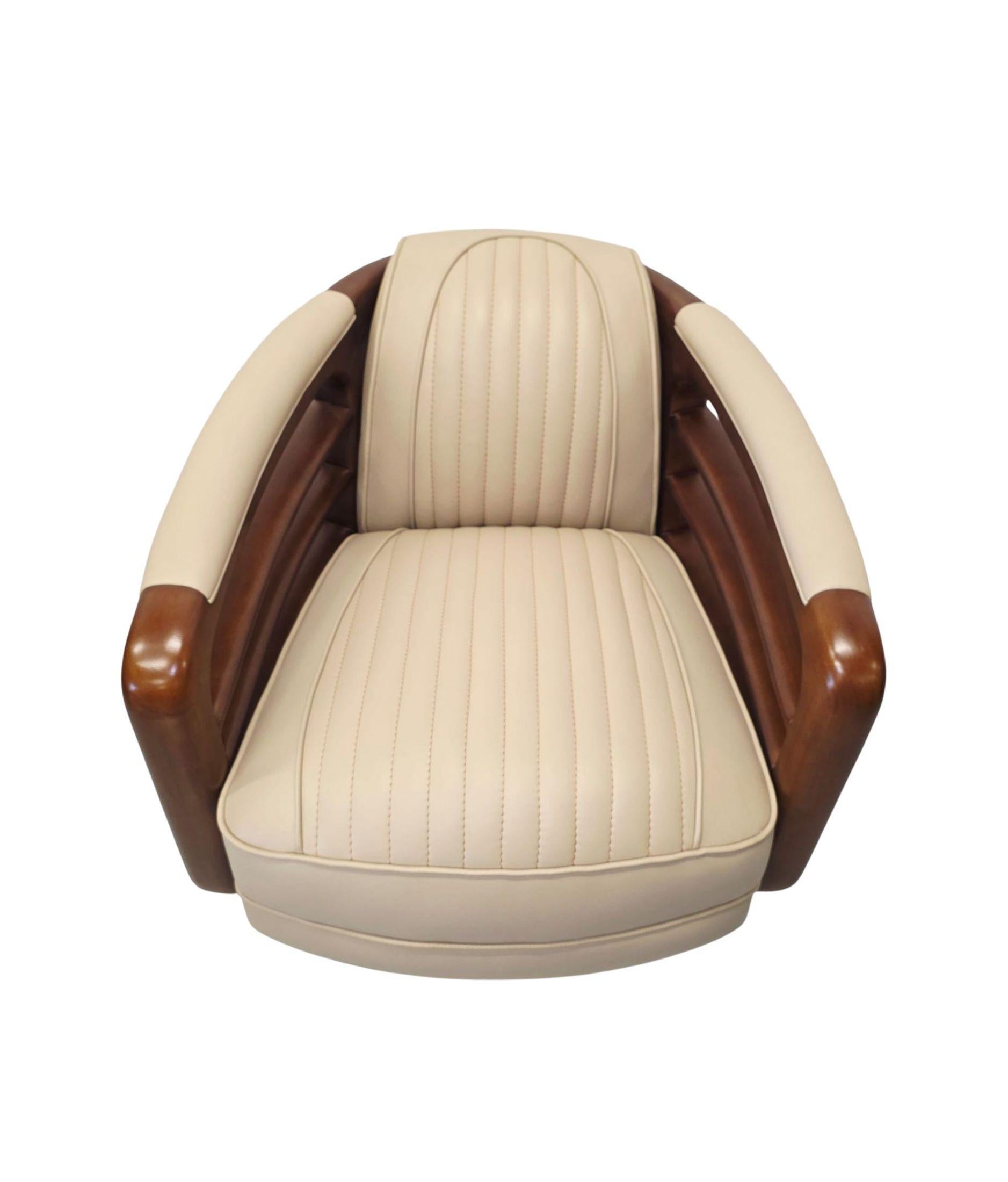 Contemporary A Stunning Handmade Leather Walnut and Chrome Revolving Armchair For Sale