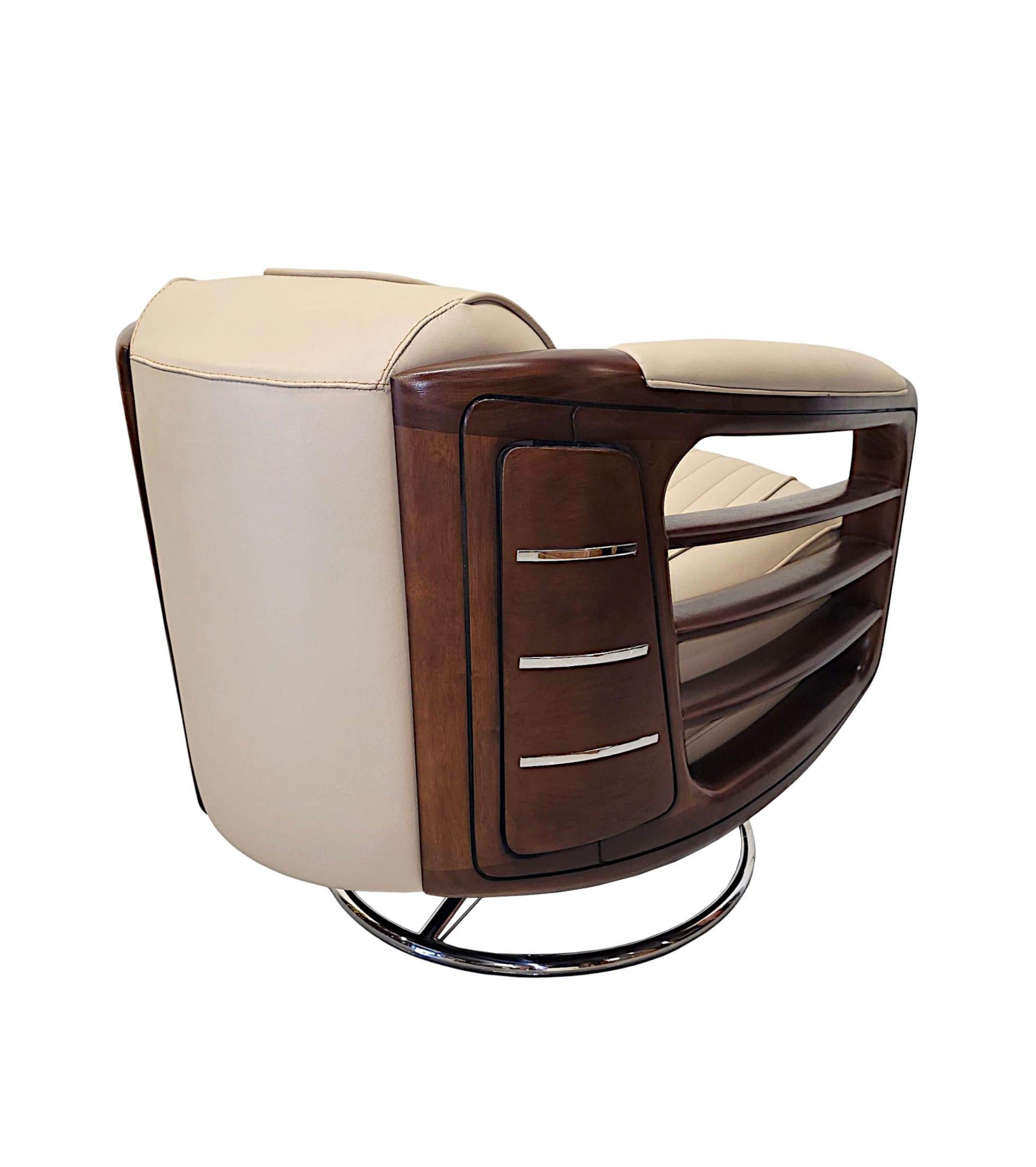 A Stunning Handmade Leather Walnut and Chrome Revolving Armchair For Sale 1