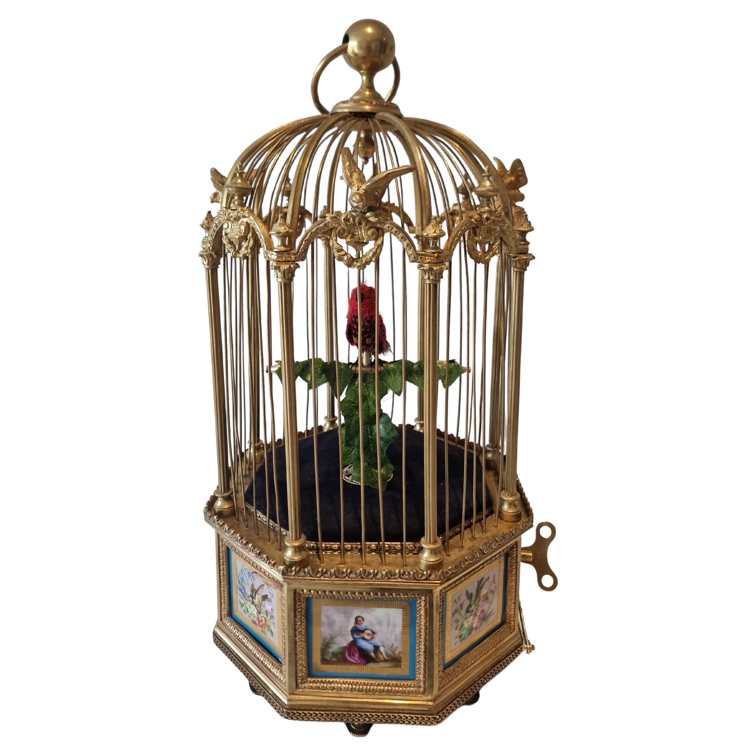 A stunning Hexagonal shaped, gilt bronze and Sevres Singing Cage by Bontems