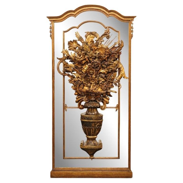 A Stunning Italian 7+ Ft Tall Mirror w/Carved Neoclassic Floral Bouquet, 19th C.