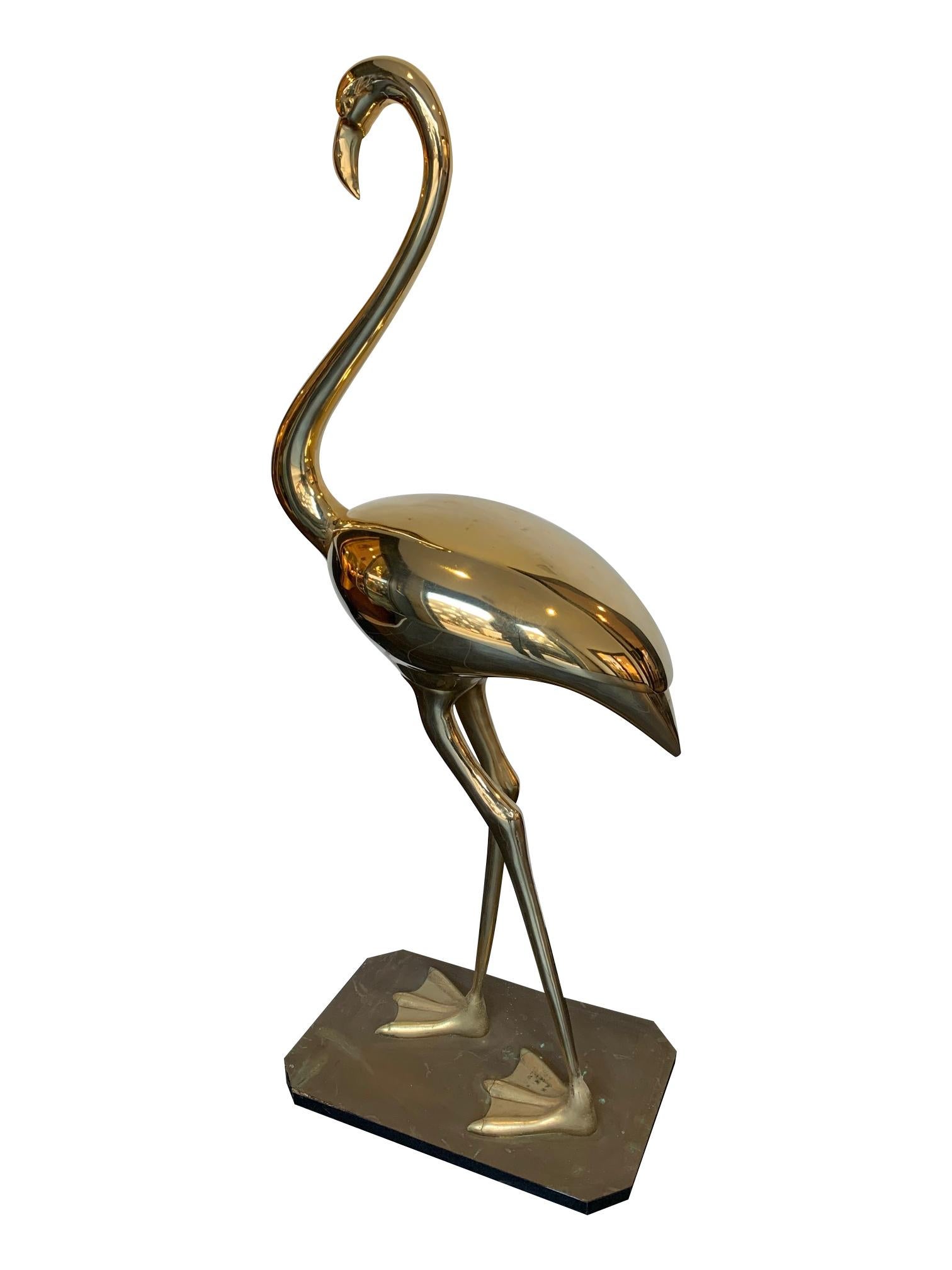 Mid-Century Modern Stunning Large Brass Flamingo Sculpture by Fondica with Hinges Back Wings