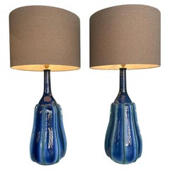 Stunning Large Pair of 1980s Italian Blue and Green Ceramic and Brass Lamps