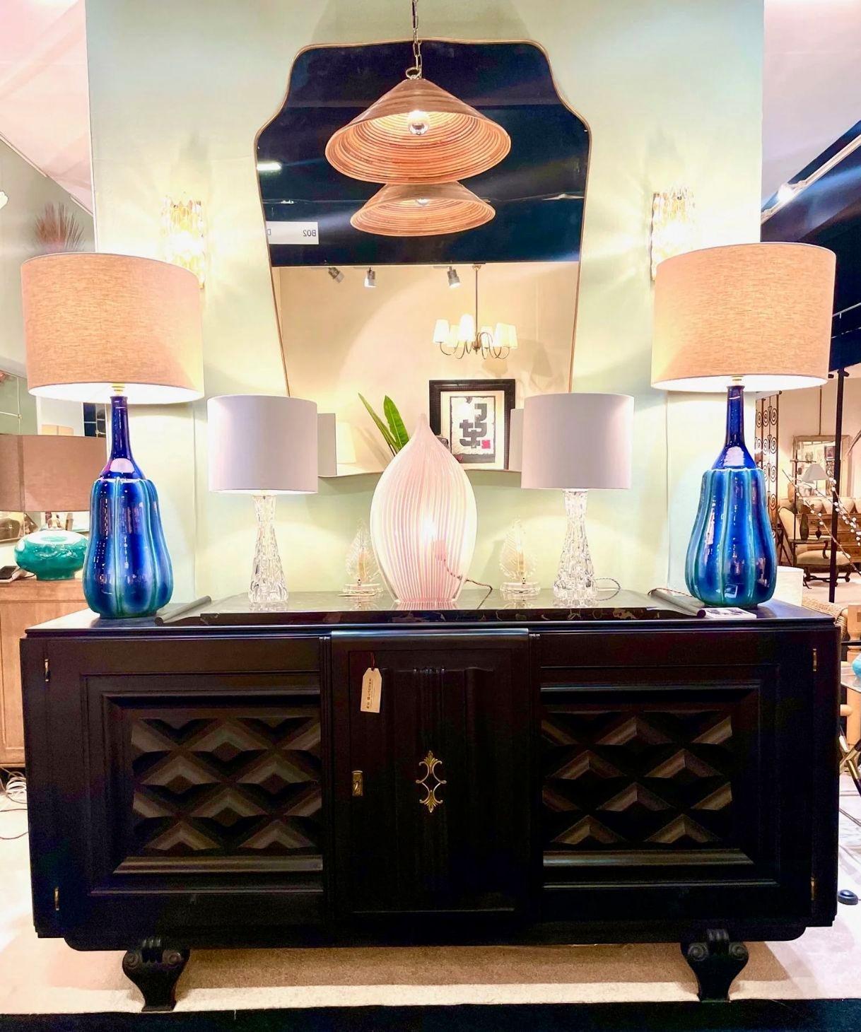 Una splendida coppia di grandi lampade italiane in ceramica blu e verde degli anni '80 in vendita 7