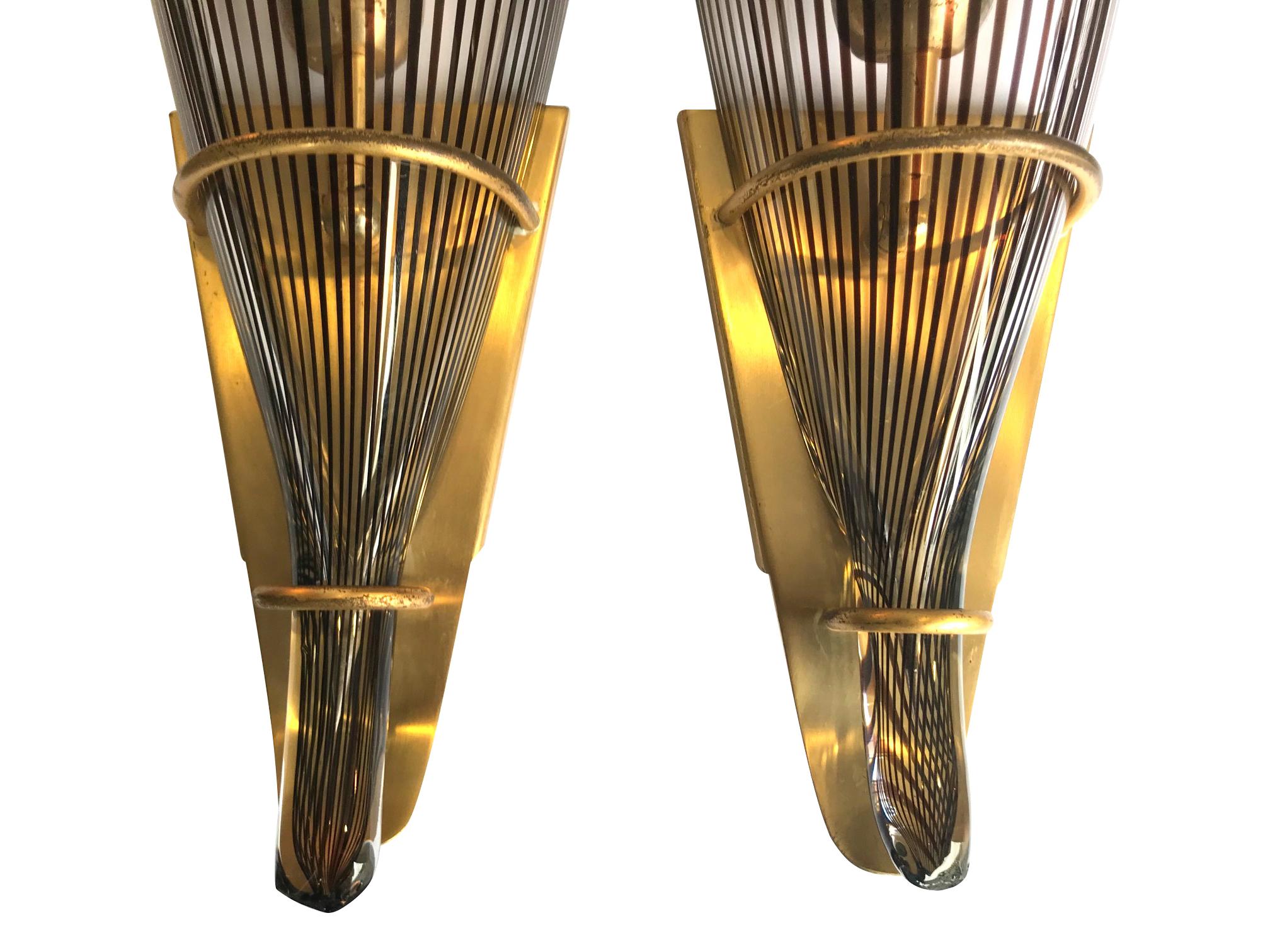 Stunning Large Pair of  Lino Tagliapietra Murano Glass and Brass Wall Sconces 2