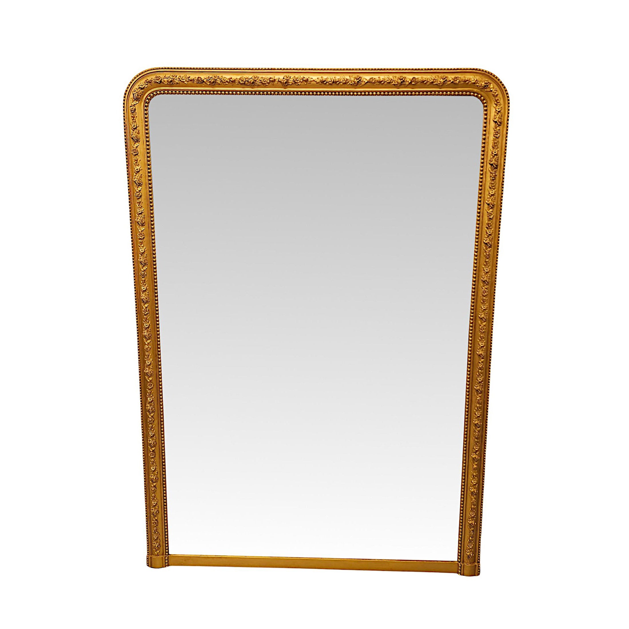 Impresionante espejo sobremantel de madera dorada del siglo XIX de gran tamaño con detalles florales