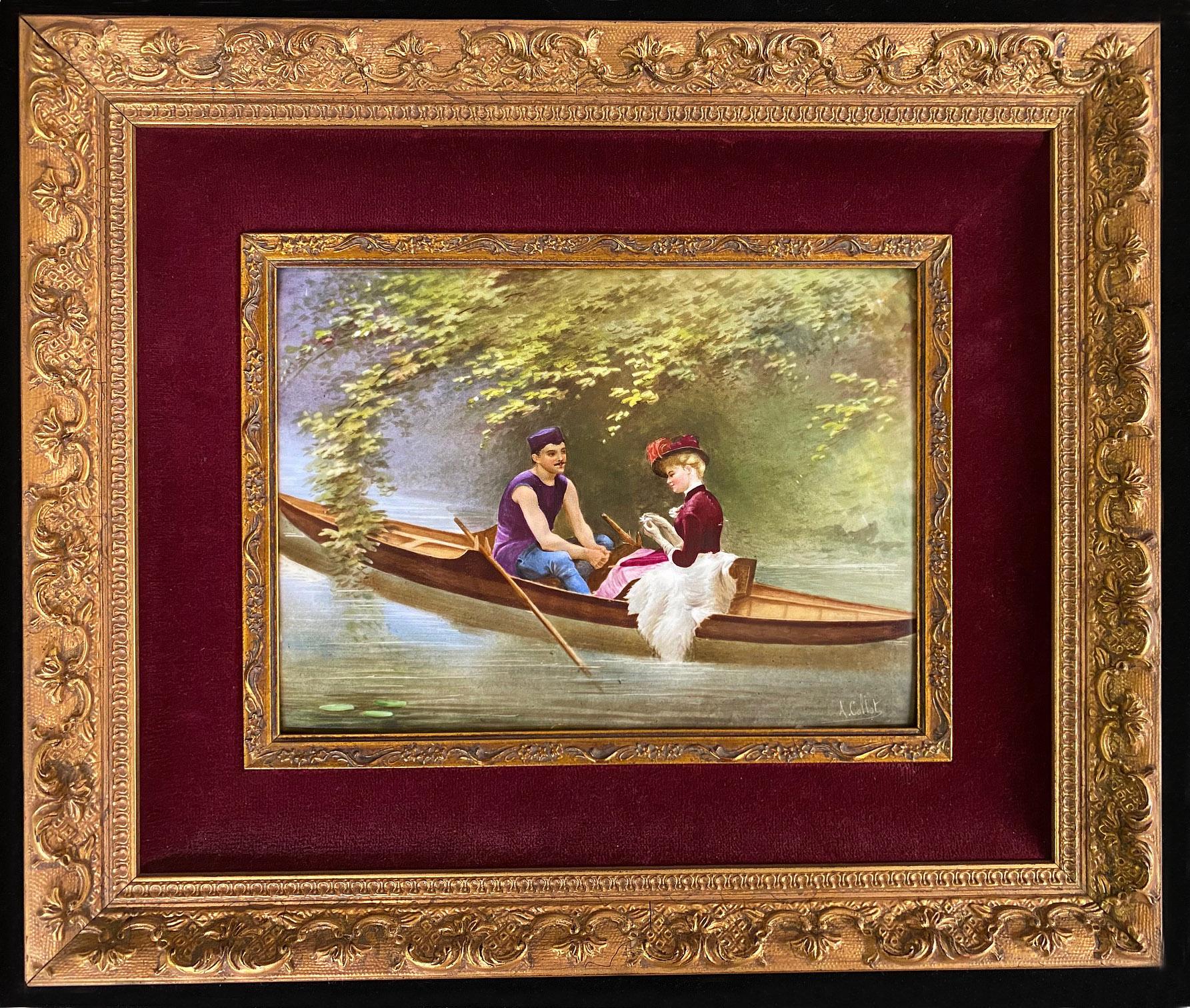 Eine beeindruckende rechteckige Porzellanplakette im Stil von Sèvres aus dem späten 19.

Eine Landschaftsszene, die zwei Liebende in einem von Wasser und Bäumen umgebenen Boot zeigt, in einem Rahmen aus Goldholz und rotem Filz.

Unterzeichnet A.