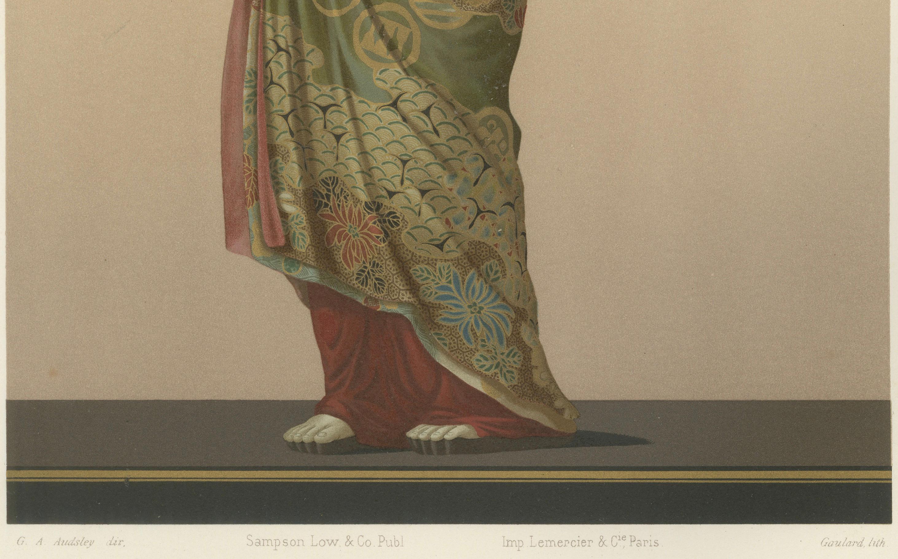 Title: Japanese Lady in Traditional Kimono – Plate VI, Section VIII

Description: A stunning lithograph showcasing a Japanese lady dressed in an elaborately patterned kimono. The intricate design of the kimono features vibrant floral motifs,