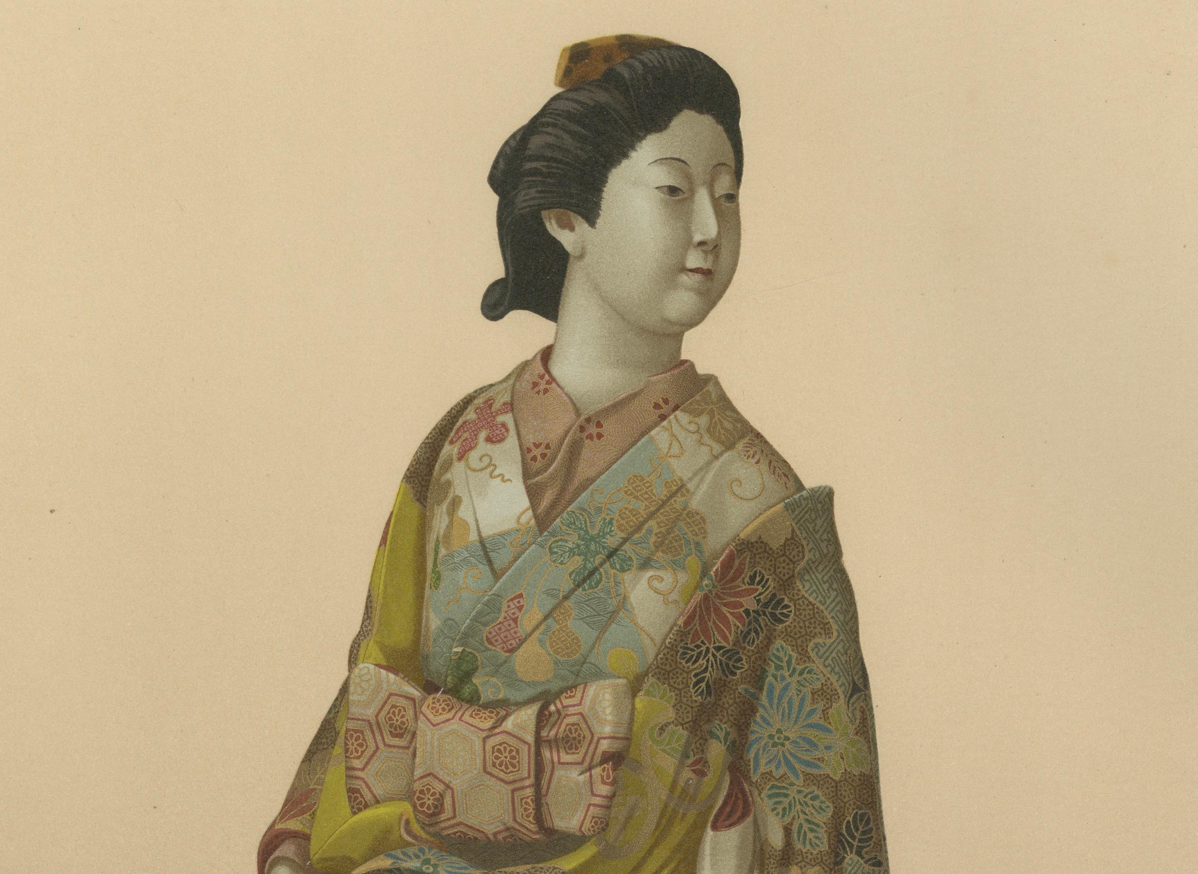 A Stunning Lithograph Showcasing a Japanese Lady Dressed in Kimono, 1884 In Good Condition For Sale In Langweer, NL