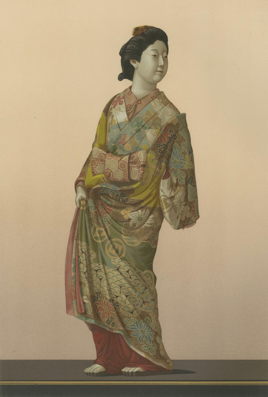 Late 19th Century A Stunning Lithograph Showcasing a Japanese Lady Dressed in Kimono, 1884 For Sale