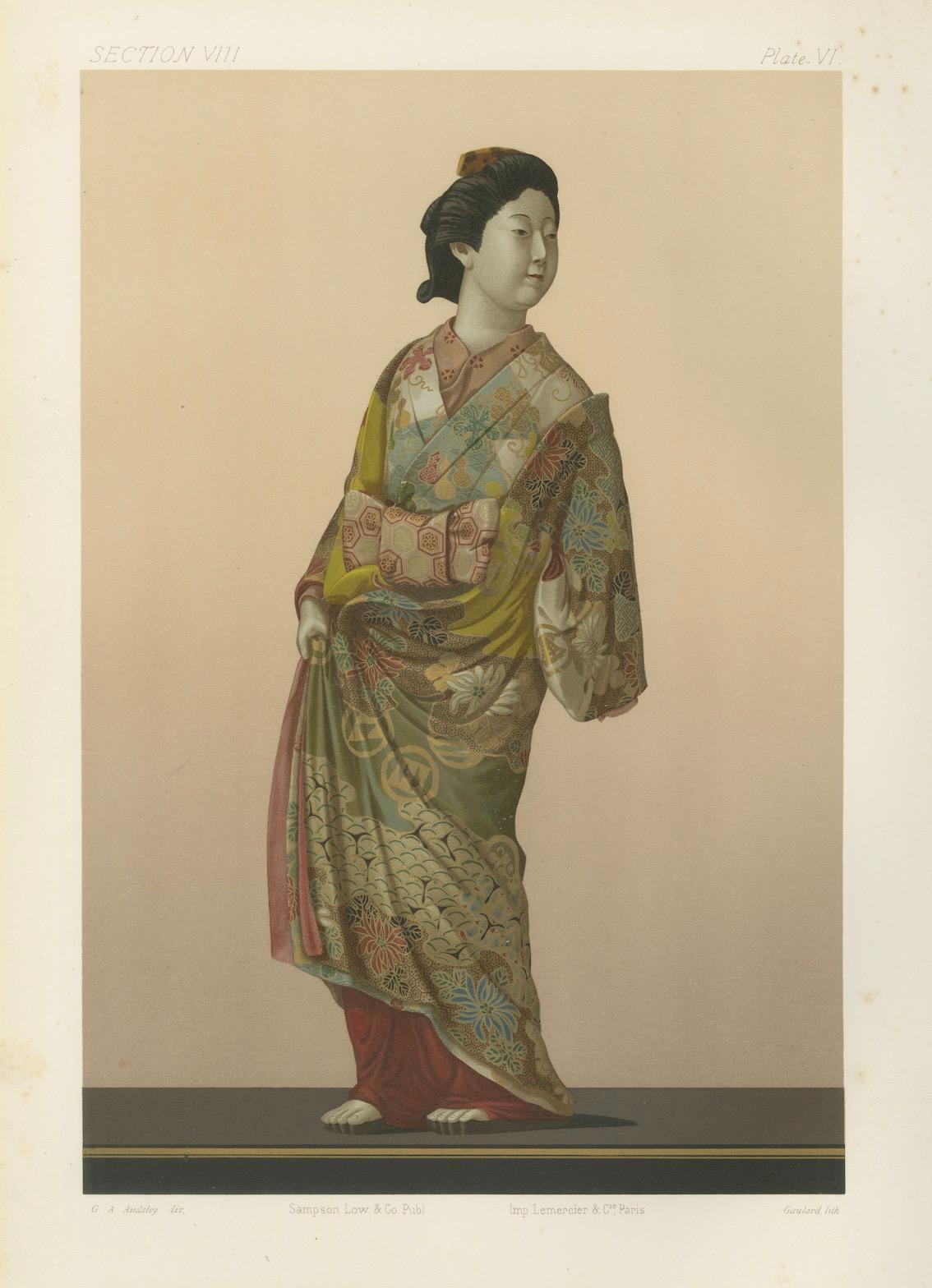 Paper A Stunning Lithograph Showcasing a Japanese Lady Dressed in Kimono, 1884 For Sale