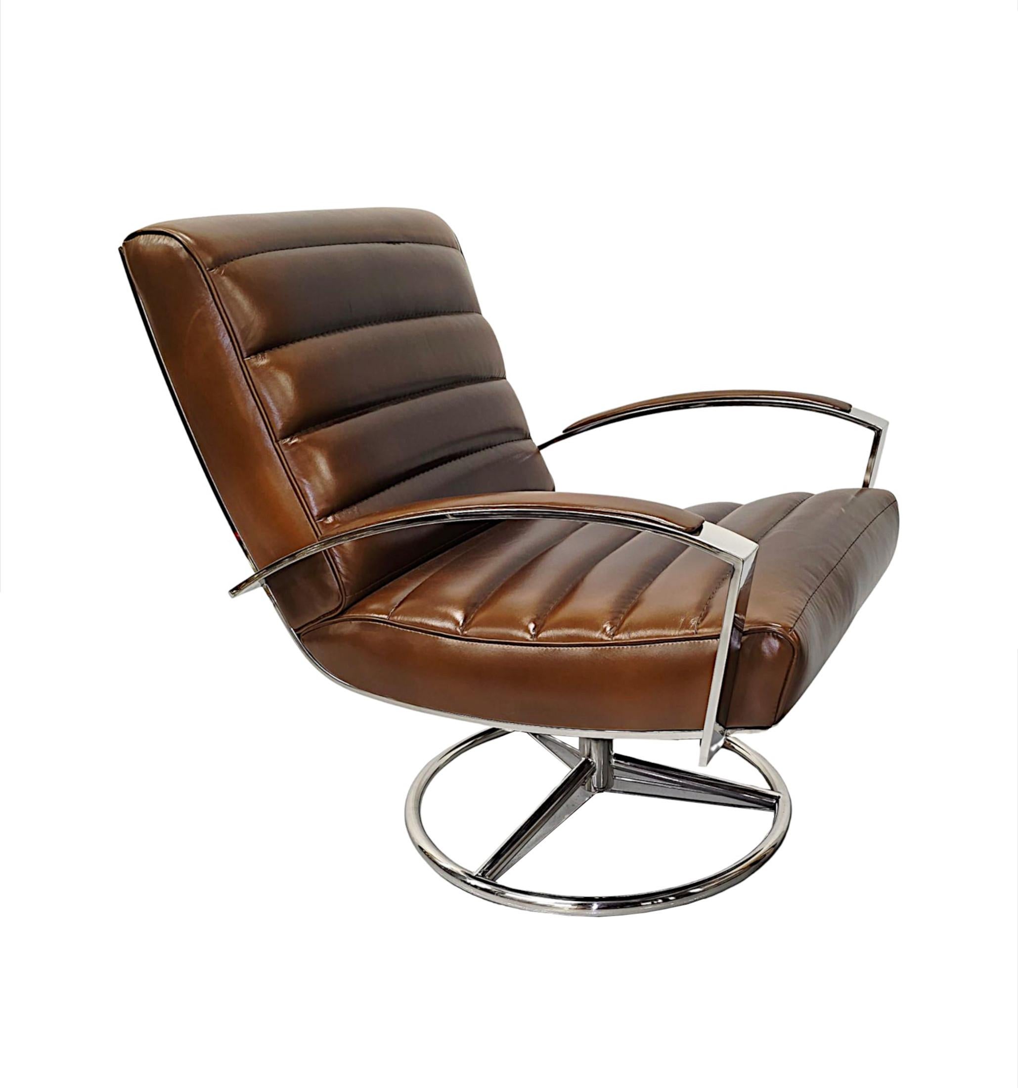 Atemberaubender sich drehbarer Sessel aus Leder und Chrom im Mid-Century-Stil (Französisch) im Angebot