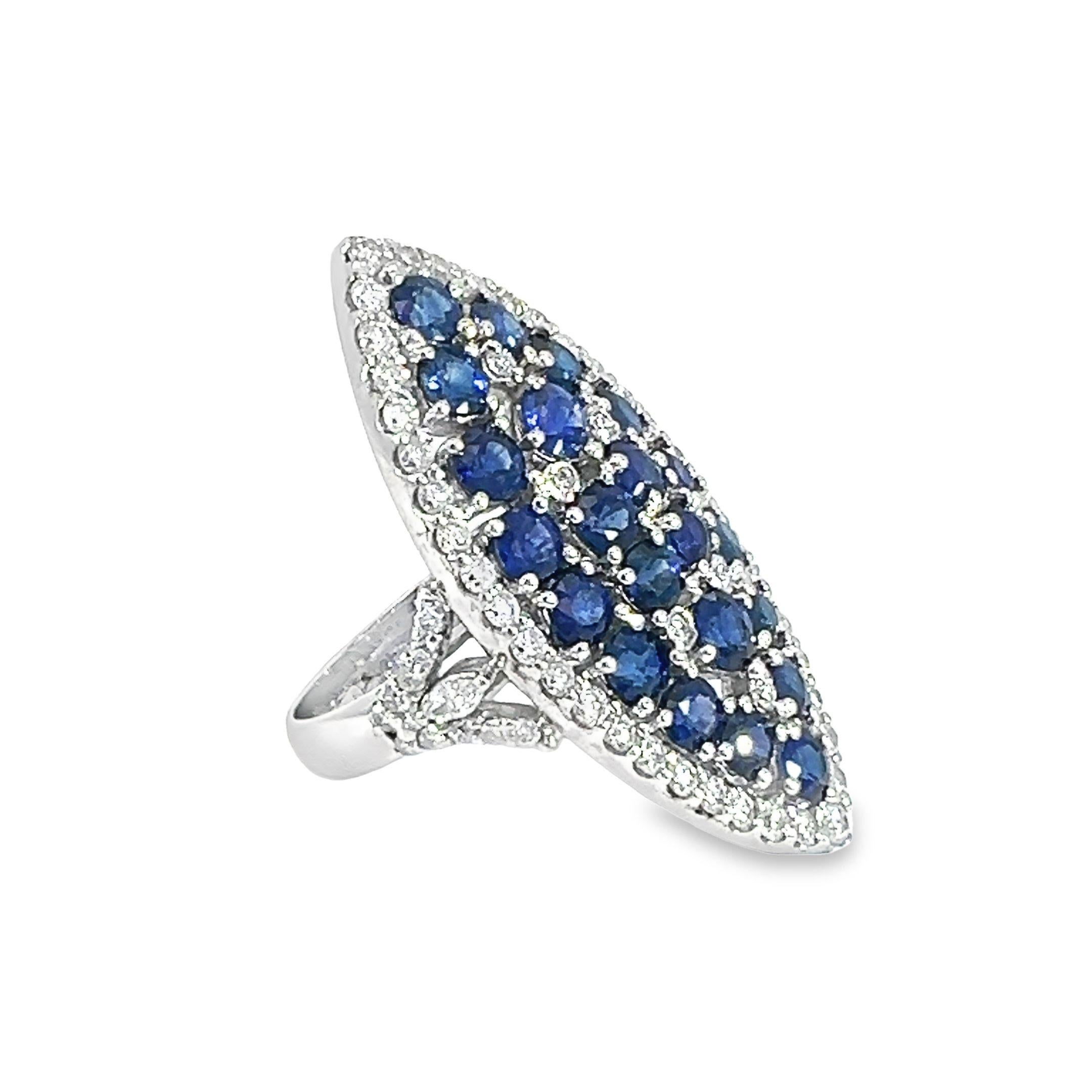 A Stunning beautiful Natural 4.32-carat sapphire and 1.80-carat diamond ring. 
Sapphire diamond features with a dazzling cluster of deep blue sapphire surrounded by a halo of diamonds.  For special occasions, the marquise shape perfectly highlights