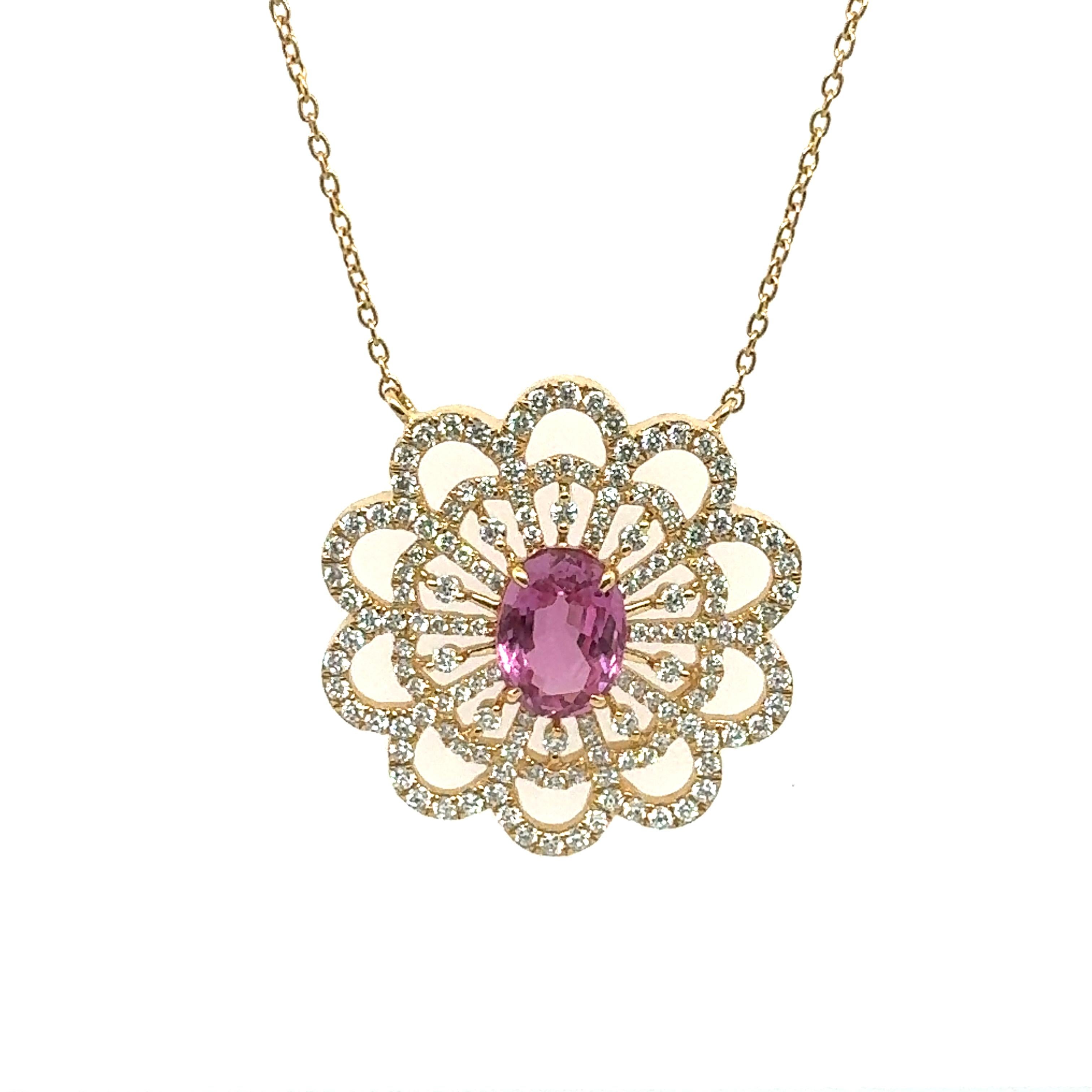 An exquisite necklace made of 18-karat yellow gold, set with a 0.81-carat diamond and a 1.61-carat natural pink sapphire. The necklace chain has a diamond by yard chain setting, and you are able to change the necklace's length as well. The necklace