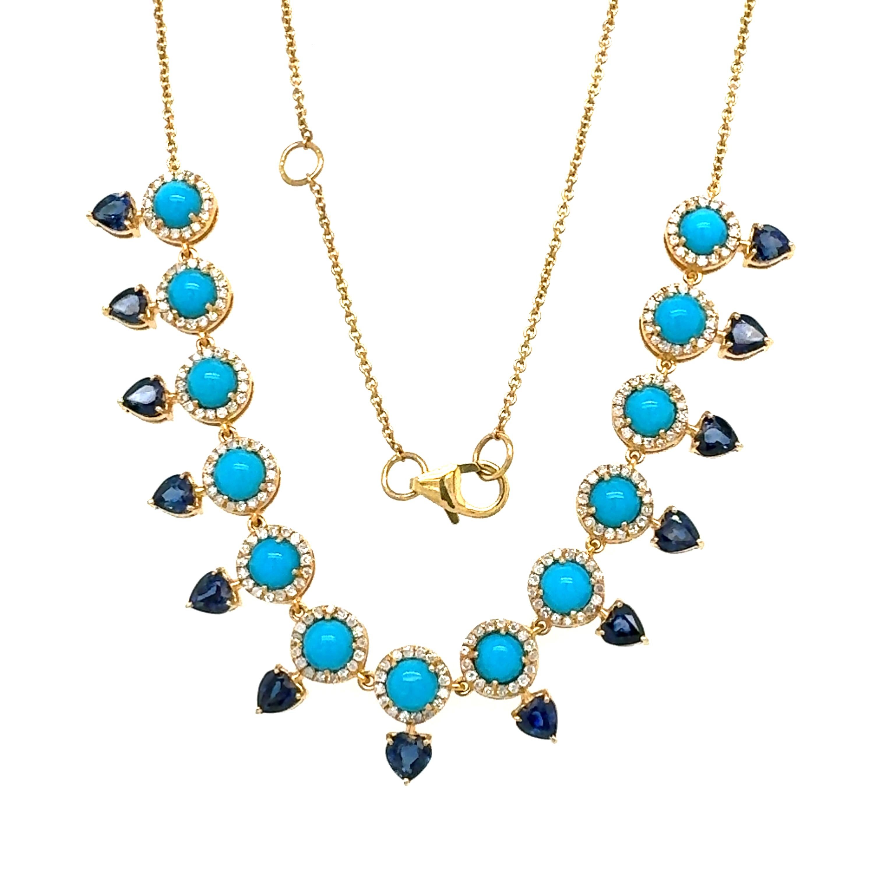 Una splendida collana in oro giallo 18 carati, con incastonati un turchese naturale da 3,14 carati, uno zaffiro blu da 3,44 carati e diamanti da 0,65 carati. Puoi anche cambiare la lunghezza della collana. La collana è lunga 18 pollici, ma puoi