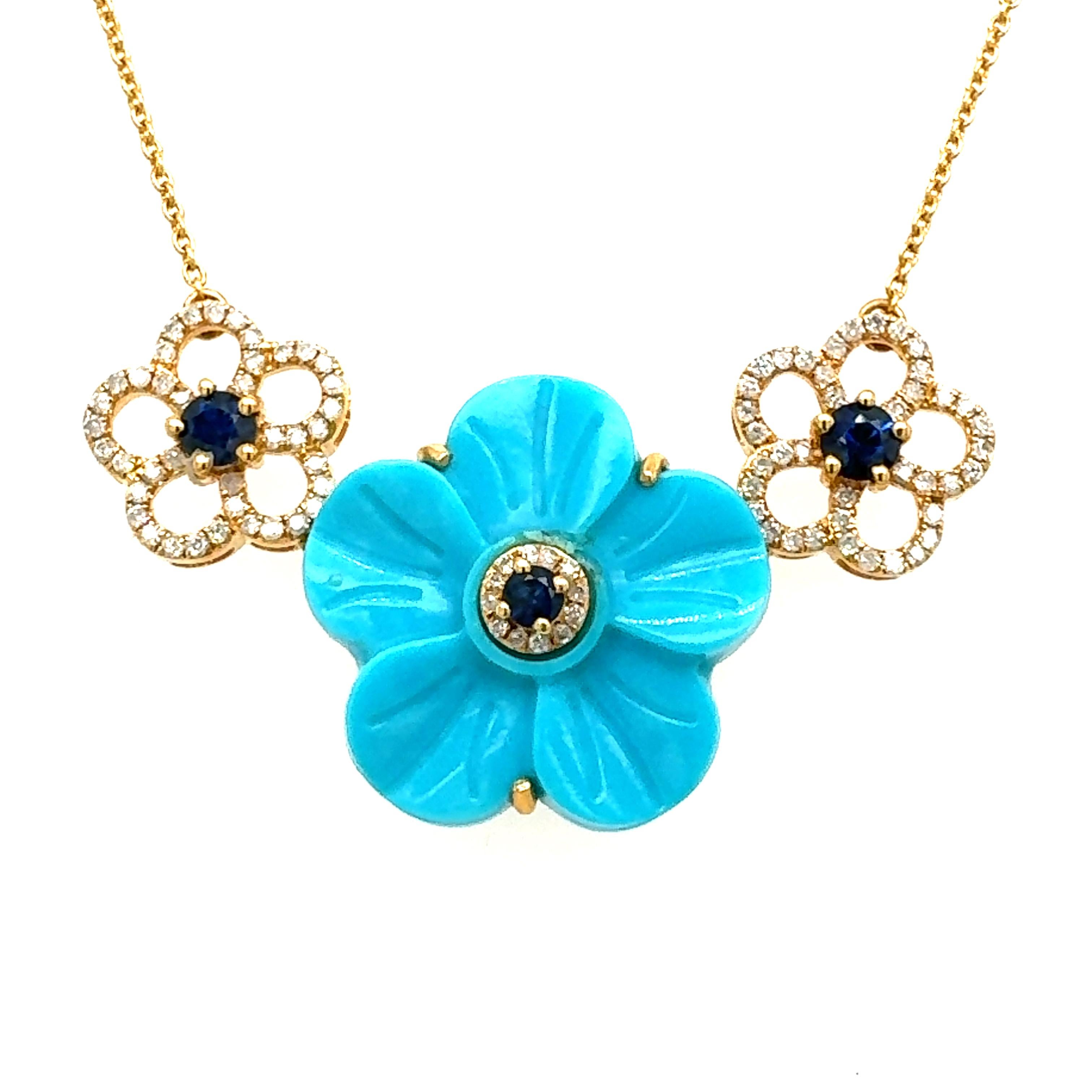 An gorgeous flower design necklace made of 18-karat yellow gold, set with a natural 18.28-carat Turquoise, 0.40-carat sapphire and 0.33-carat diamonds . You are able to change the necklace's length as well. The necklace is 18 inches long, but you